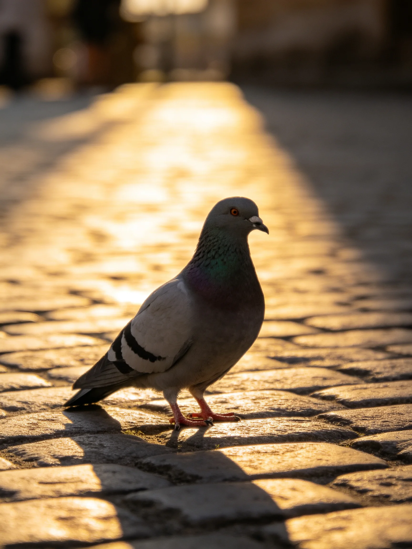 A gray pigeon stands on a sunlit cobblestone path with golden shadows
