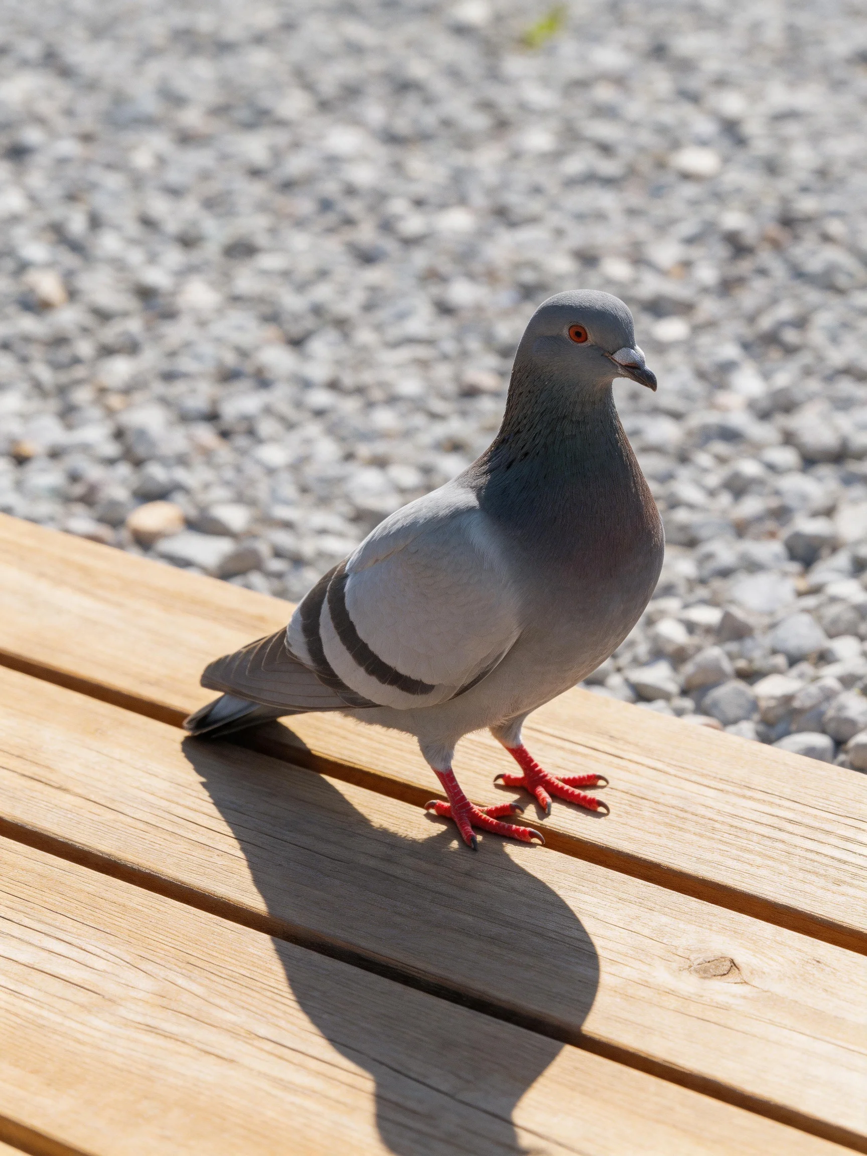 A gray pigeon stands on a wooden bench with gravel in the background
