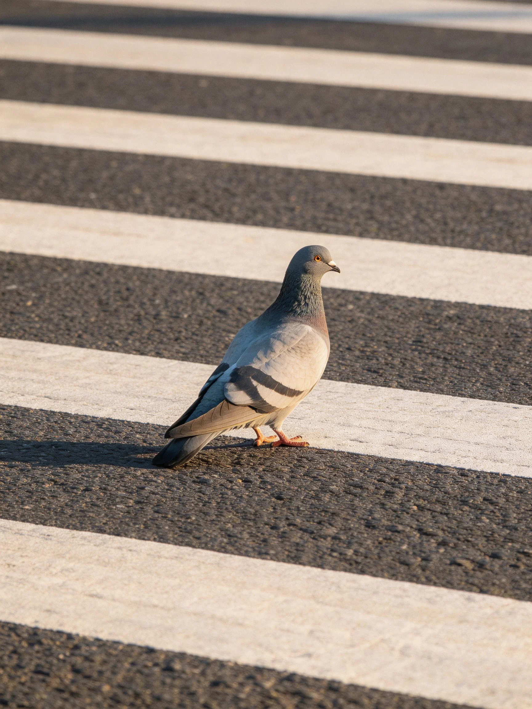A gray pigeon is positioned on a black-and-white crosswalk