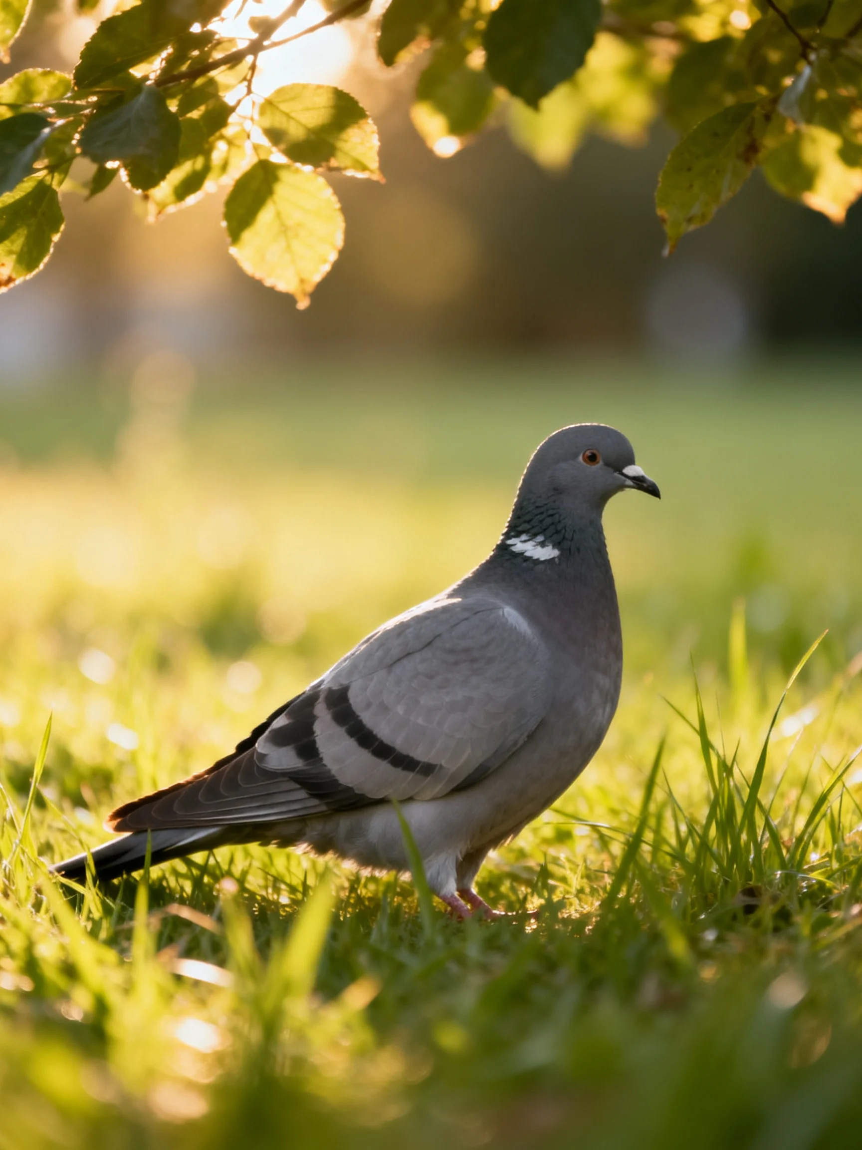 A gray pigeon rests on grass in a sunlit outdoor setting.
