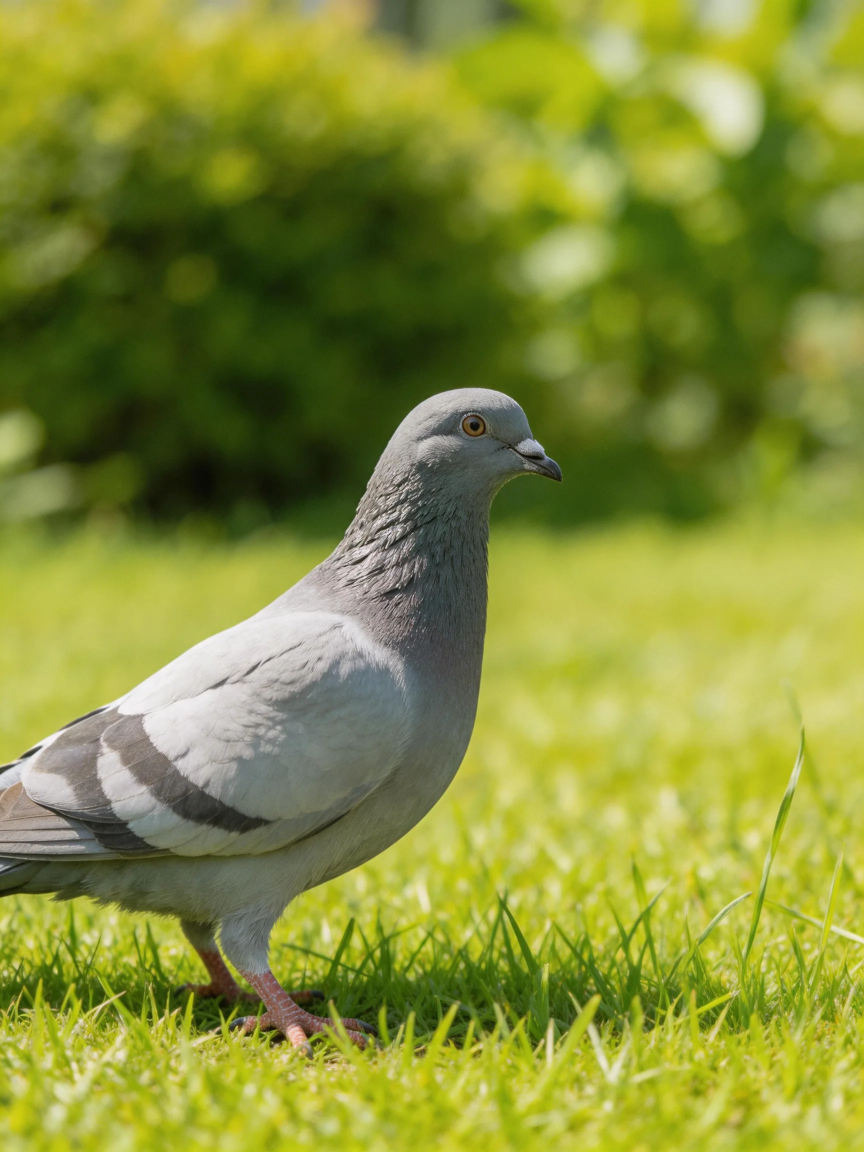 A gray pigeon walks on green grass in a sunlit outdoor space.