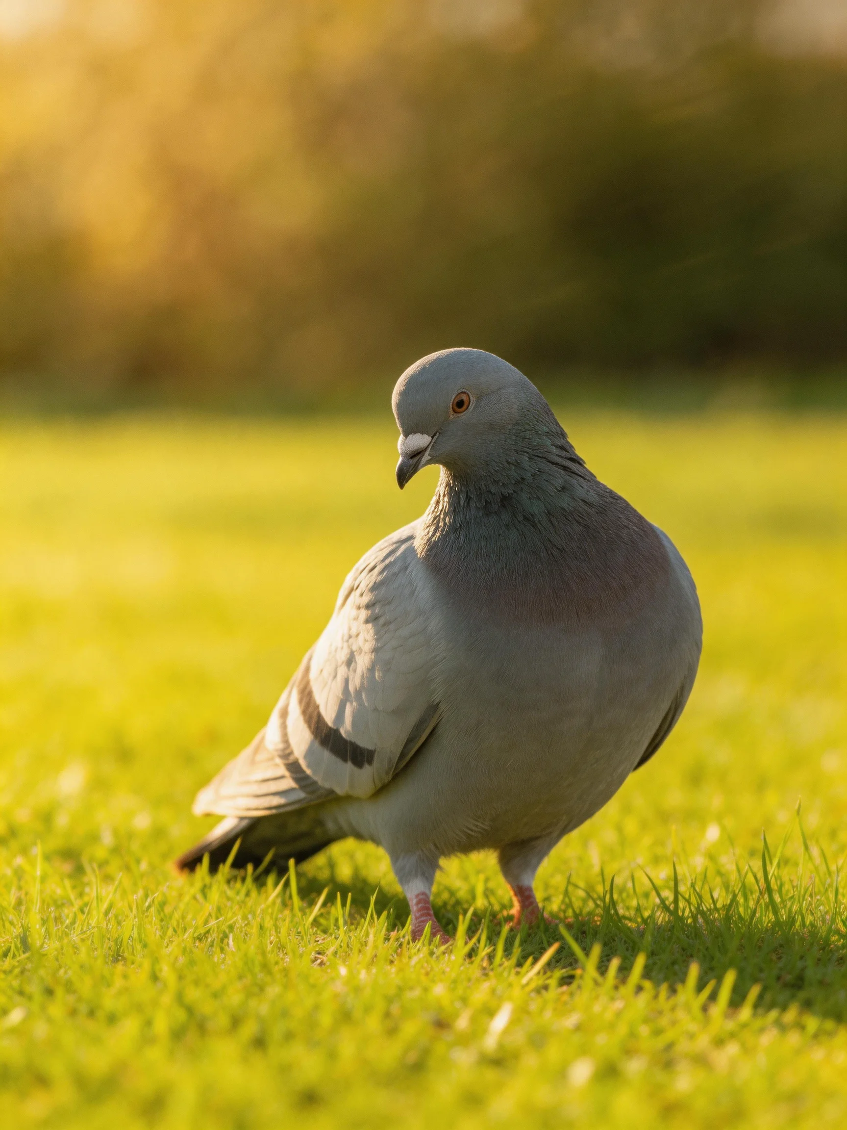 A gray pigeon stands on lush green grass under warm sunlight