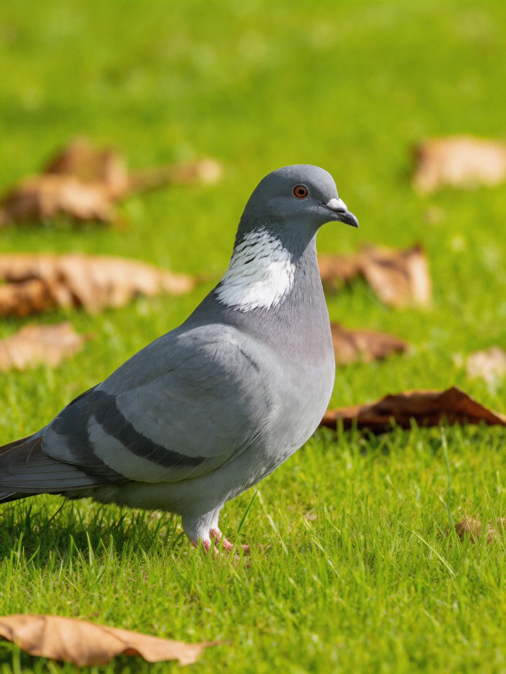 A gray pigeon rests on green grass amid fallen leaves.