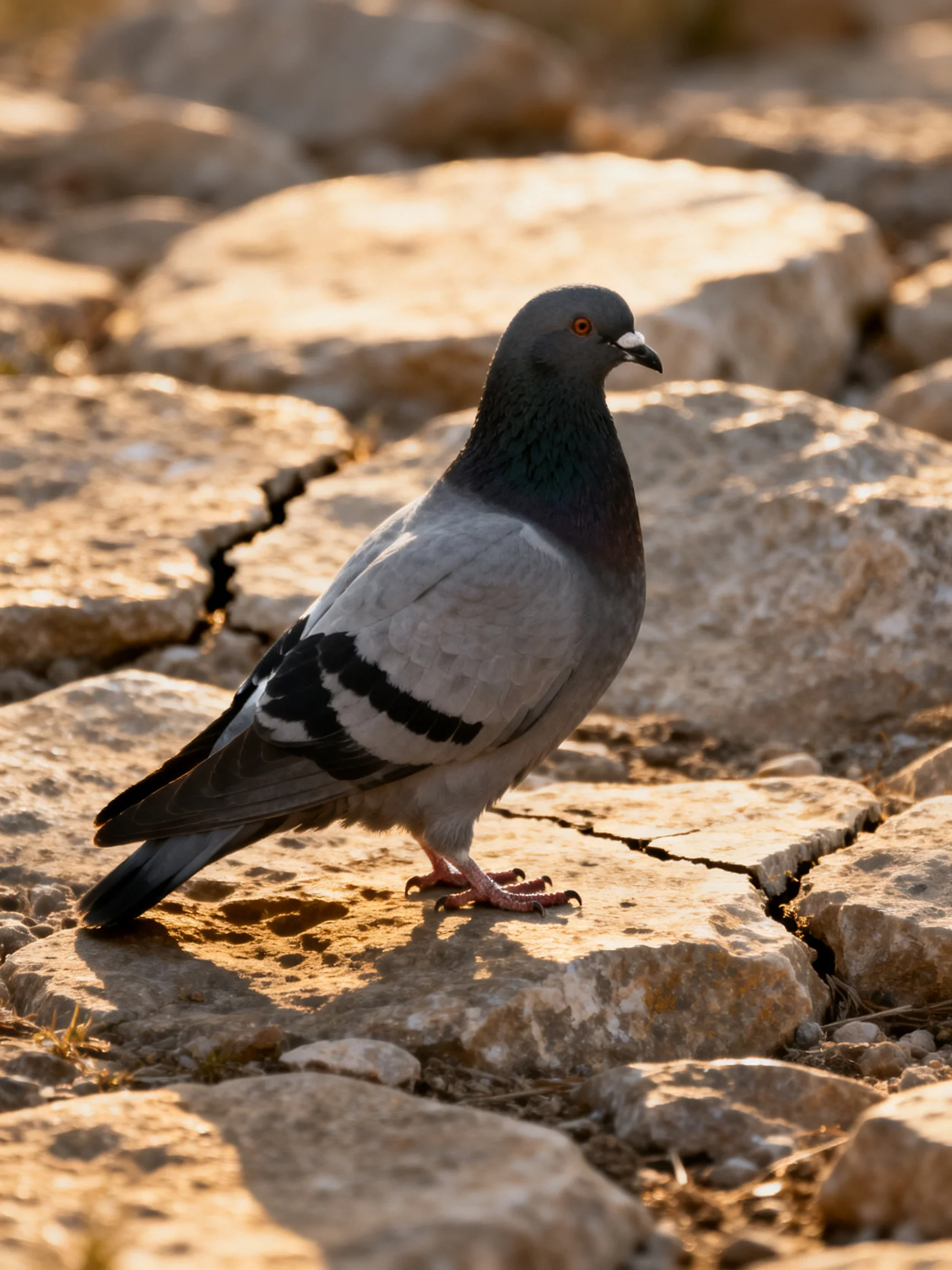 A gray pigeon rests on aged stone pavement in bright sunlight.