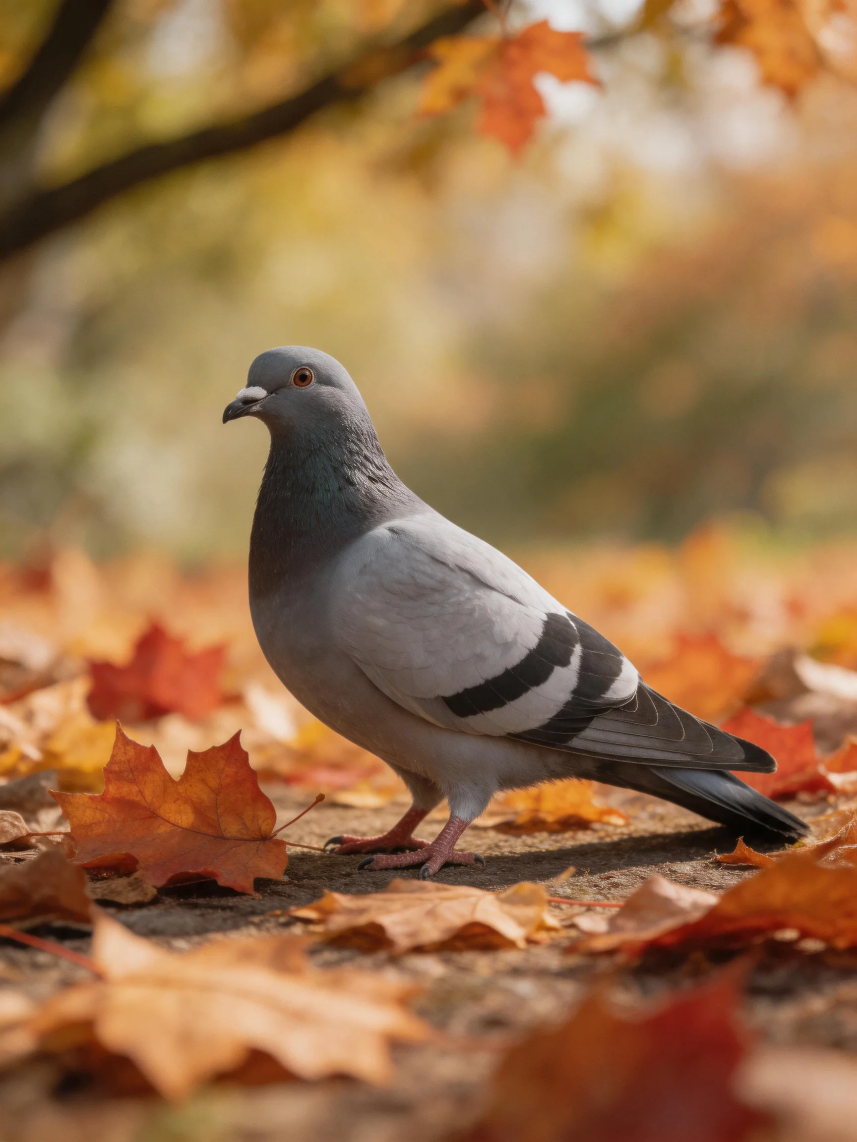 A gray pigeon surrounded by colorful autumn leaves on a leaf-littered path