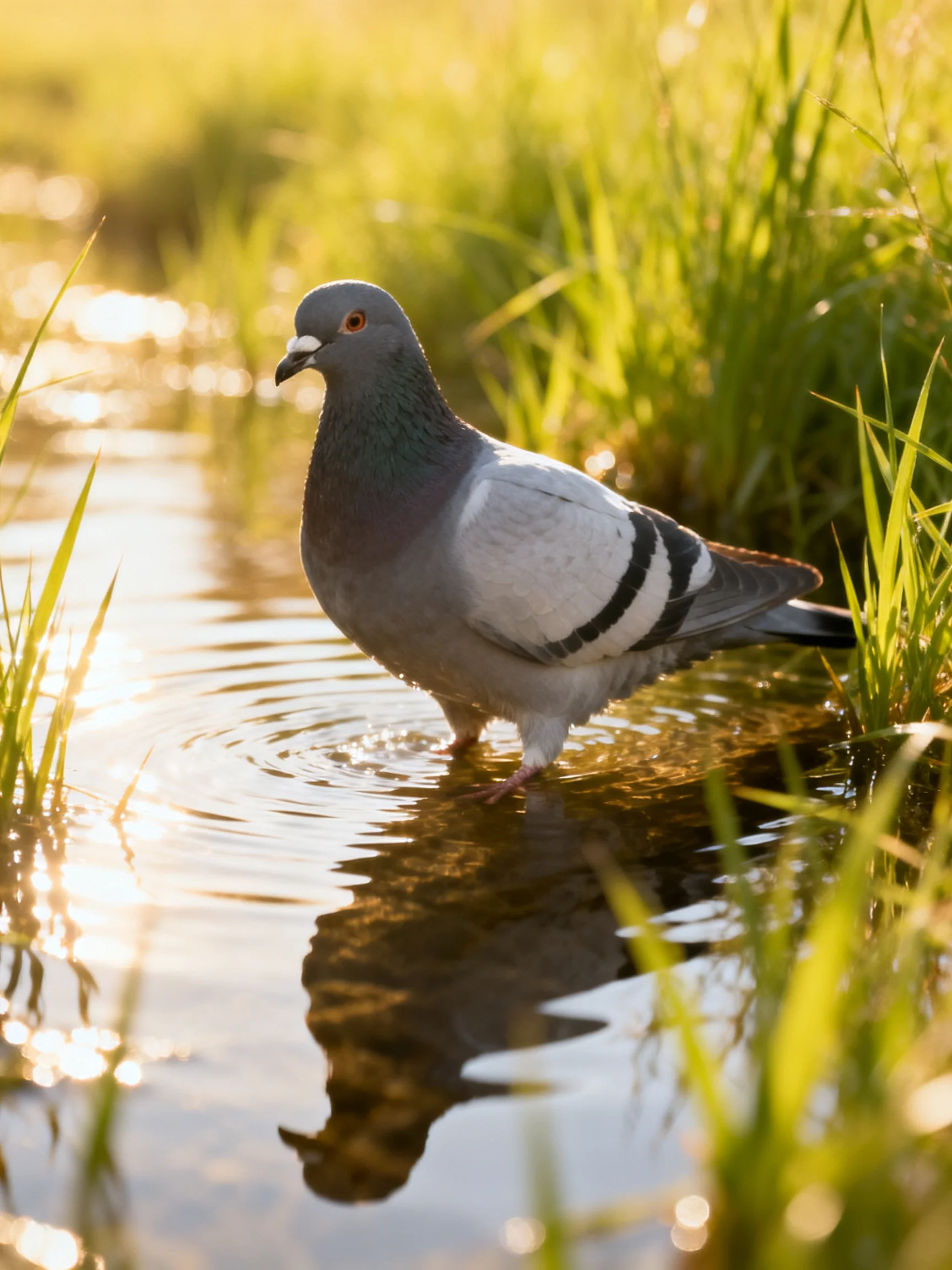 A gray pigeon wades in shallow water amid golden grasses