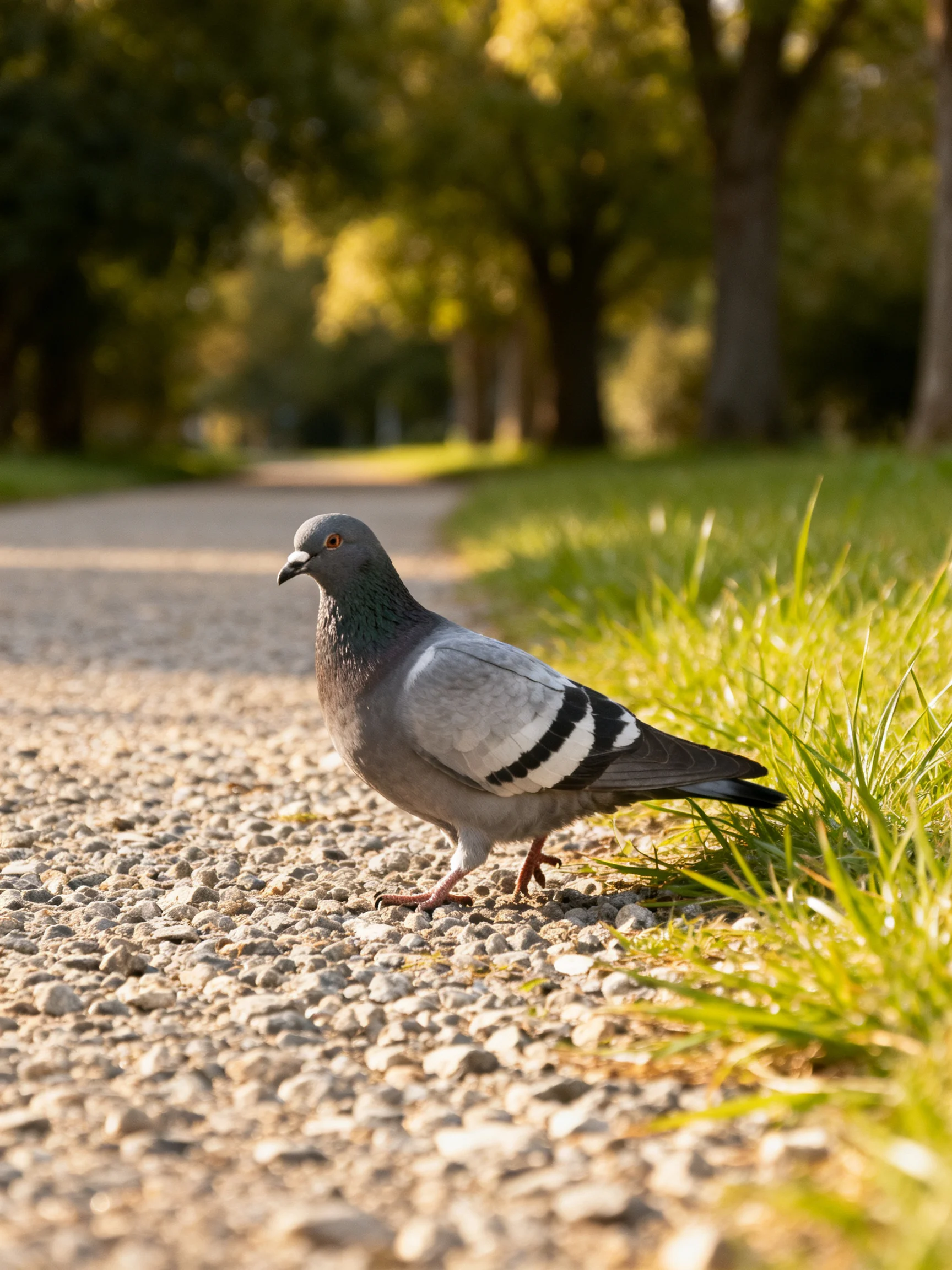 A gray pigeon walks along a sunlit gravel path near lush green grass