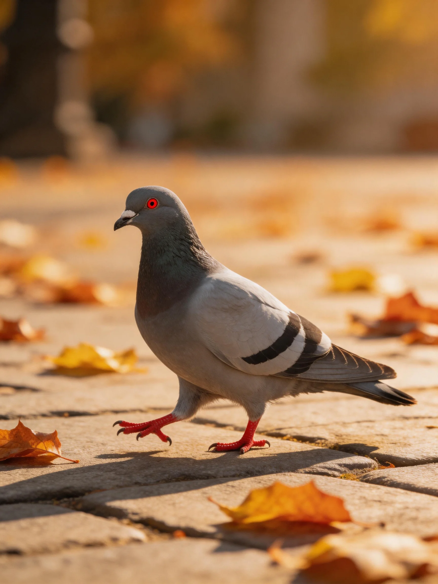 A gray pigeon walks amid scattered autumn leaves on a stone pavement