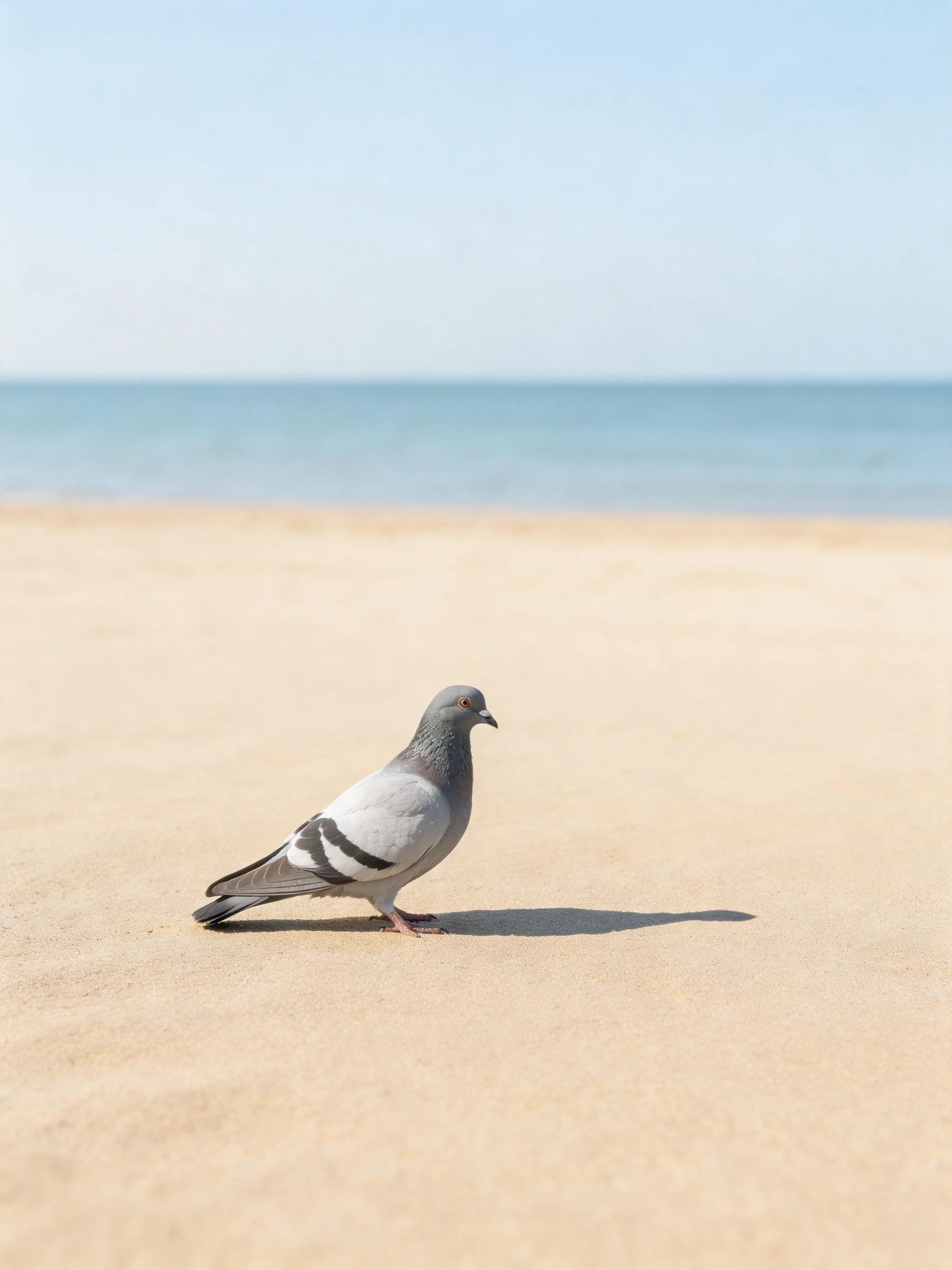 A gray pigeon walks on a sandy beach near calm blue waters