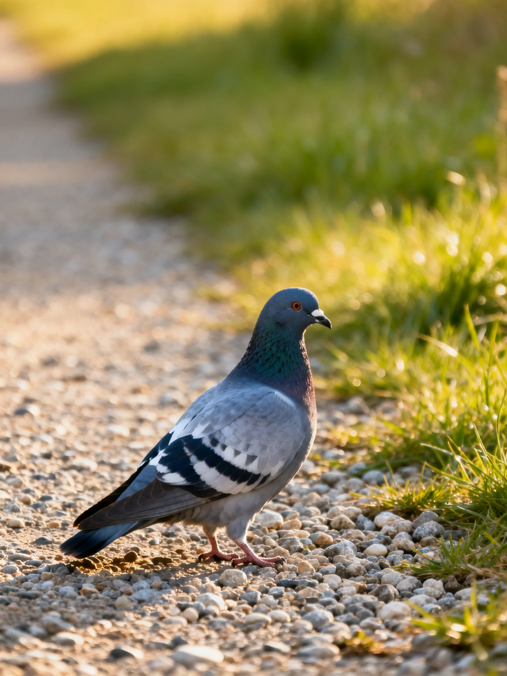 A gray pigeon walks on a sunlit gravel path near vibrant green grass