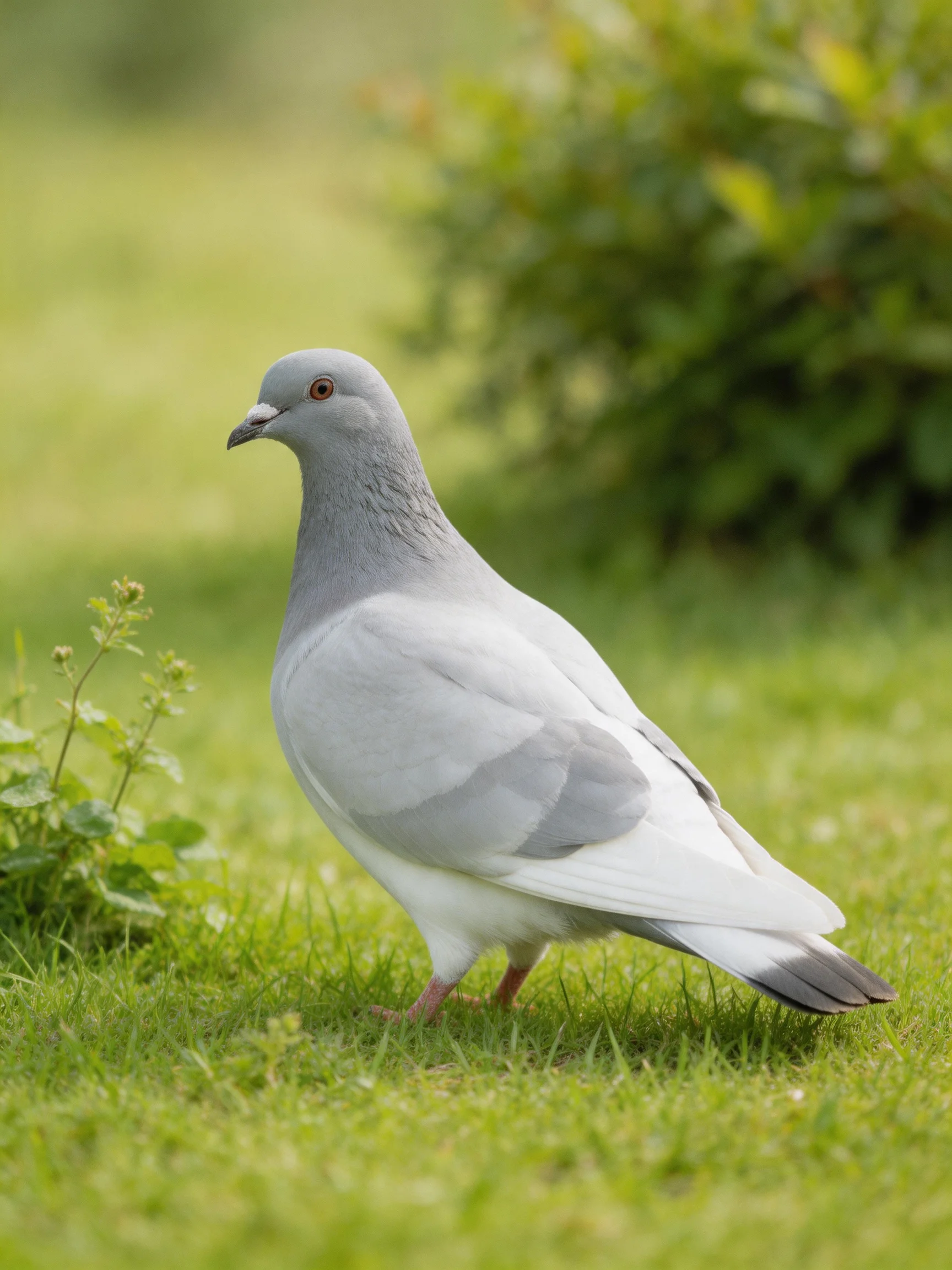 A gray pigeon roams on green grass near small vegetation.