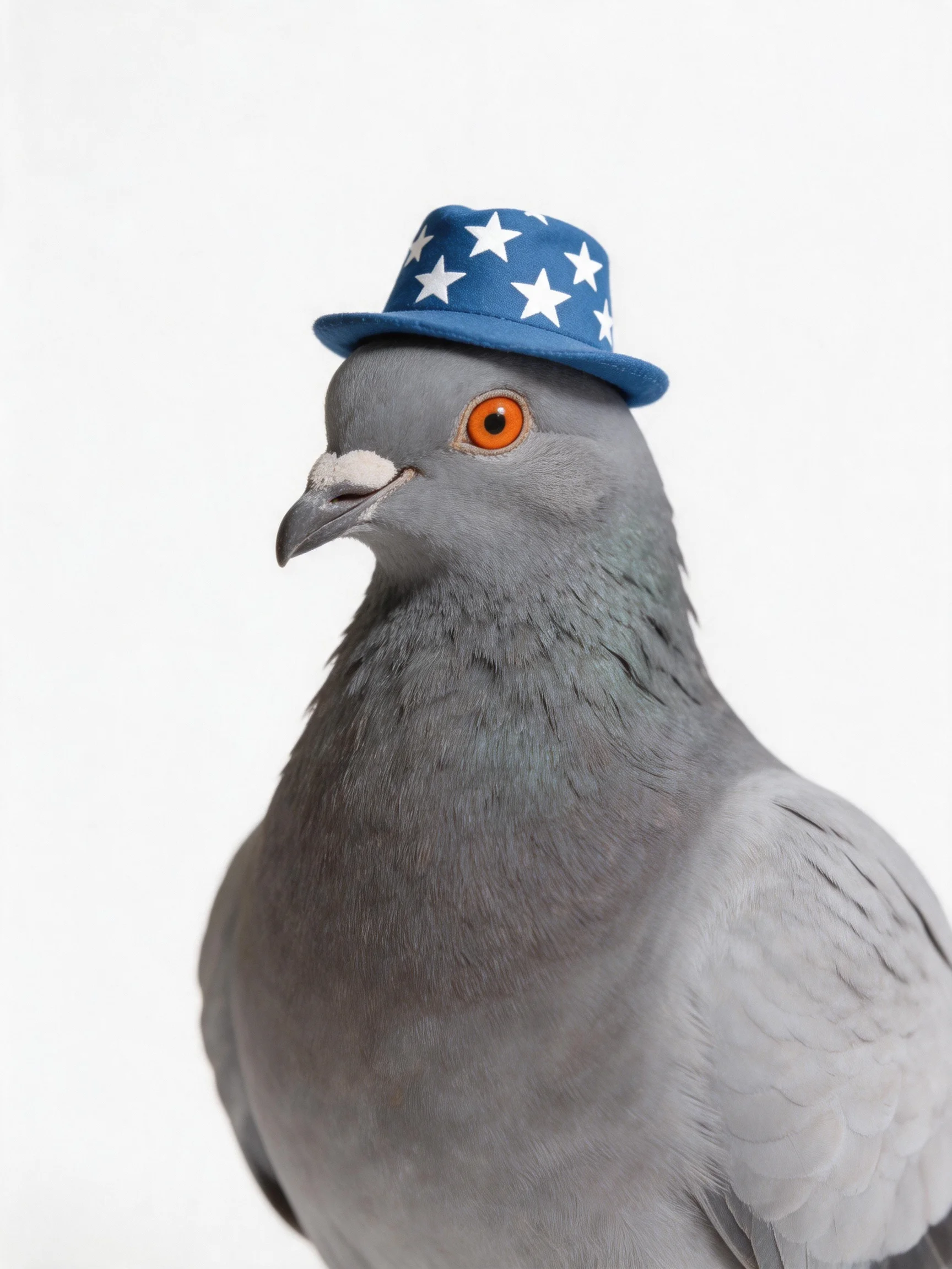 A gray pigeon wearing a small blue star-patterned hat