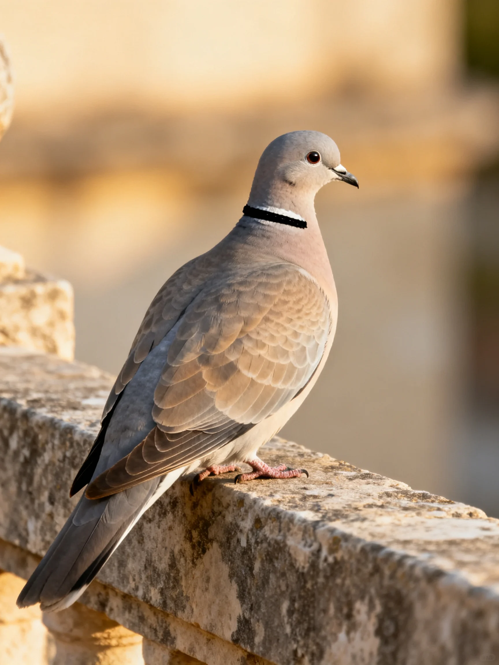 A gray pigeon with a black neck band perched on weathered stone