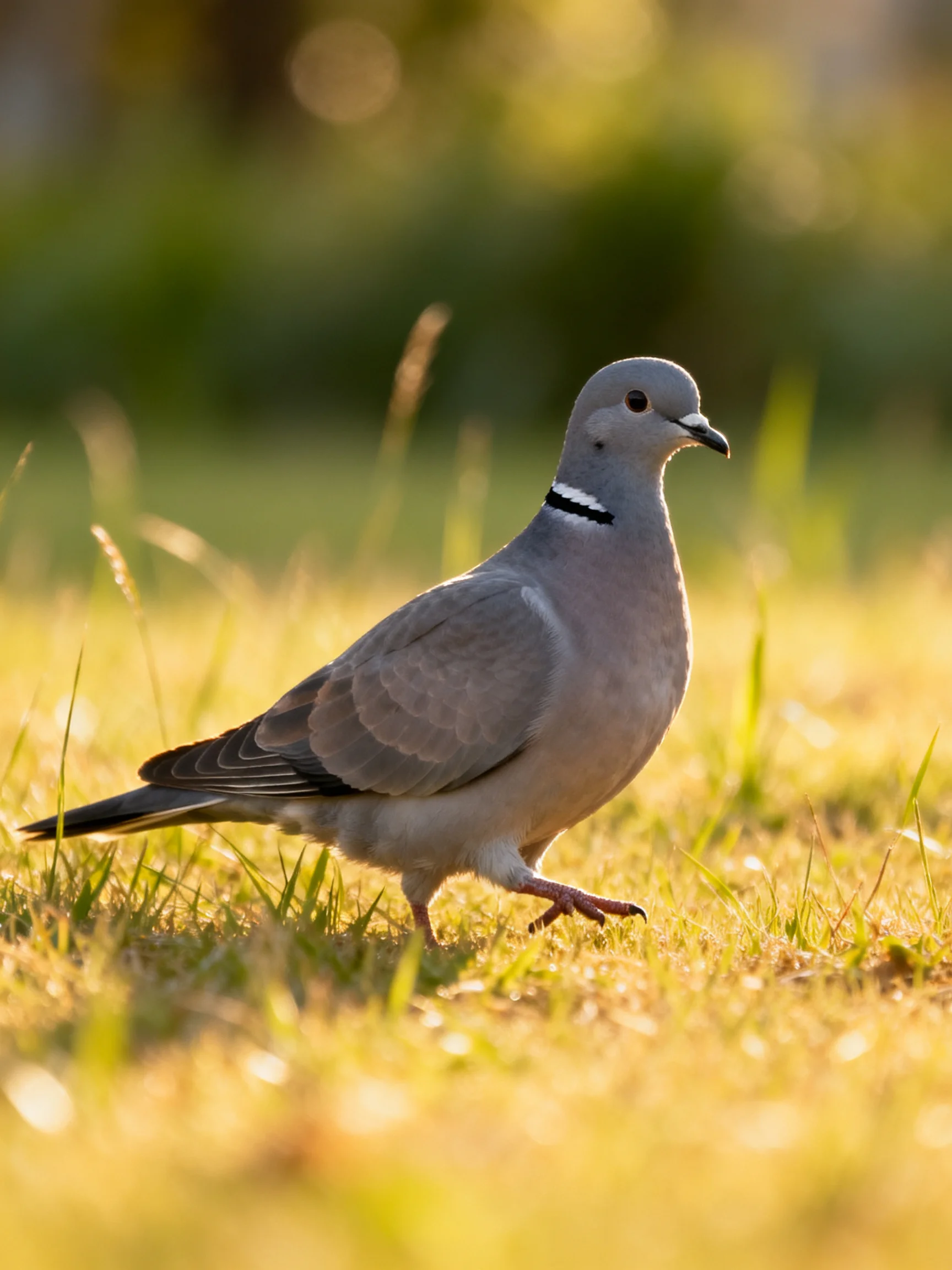 A gray pigeon with a black neck stripe walks on golden grass