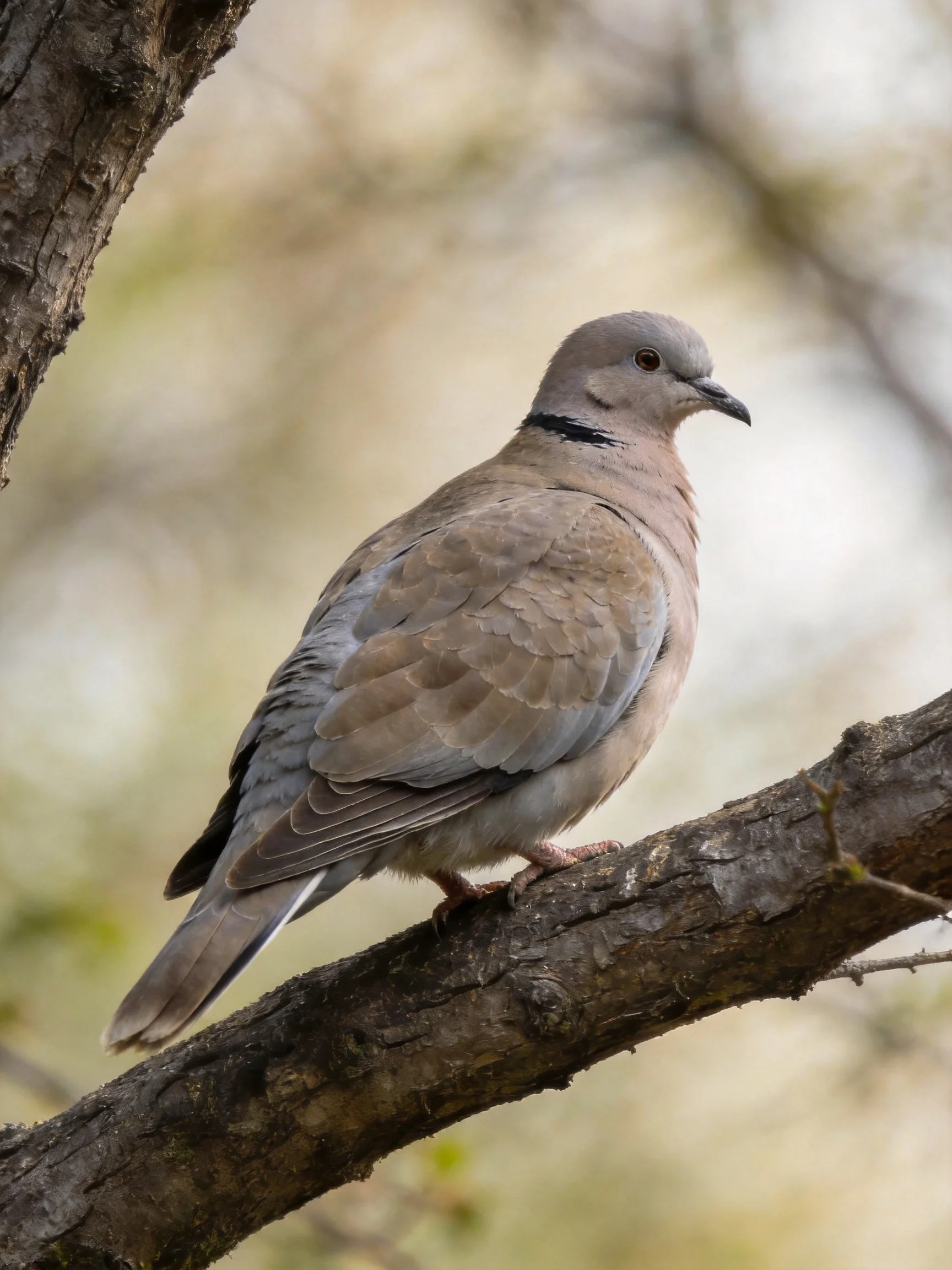 A gray pigeon with a black neckband perched on a gnarled tree branch
