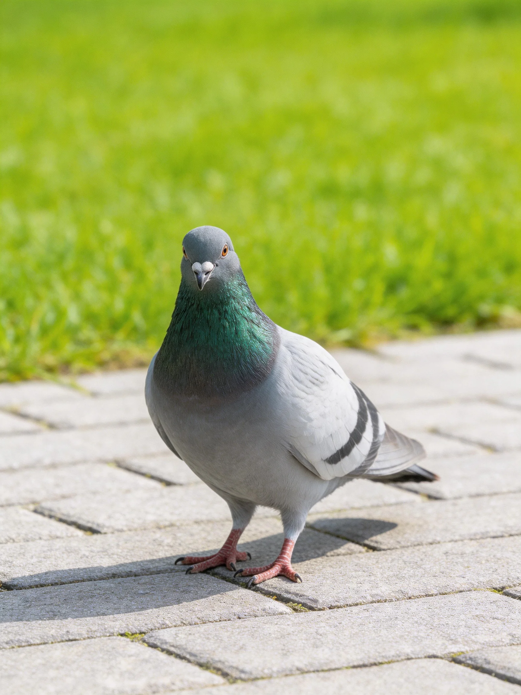 A gray pigeon with a green neck walks on a stone pavement near lush grass