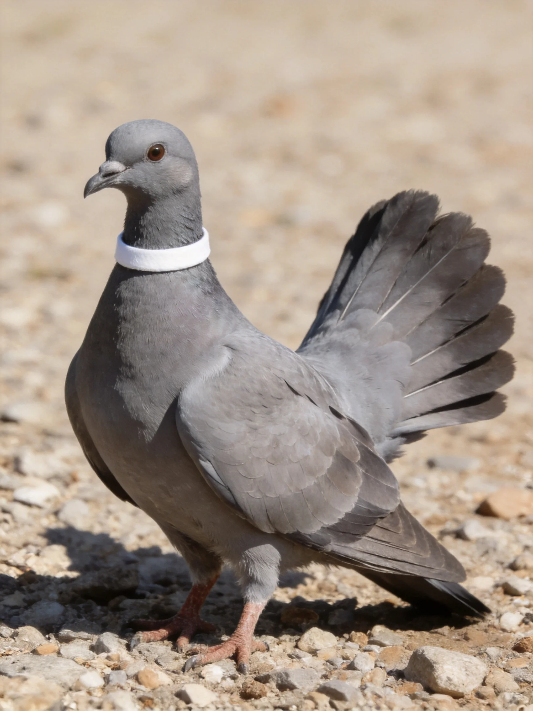 A gray pigeon with a white collar standing on gravel