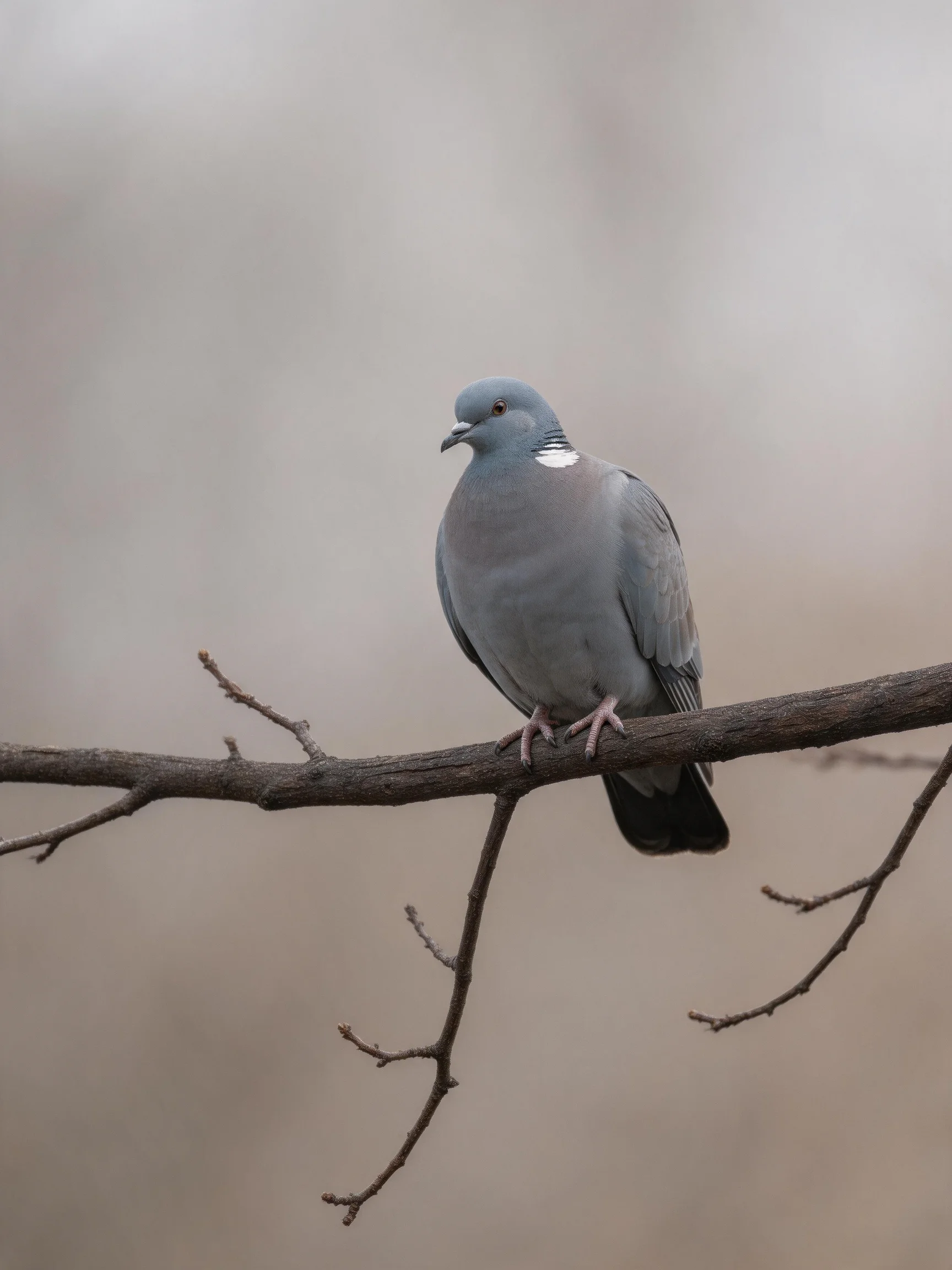 A gray pigeon with a white neck patch perches on a bare tree branch