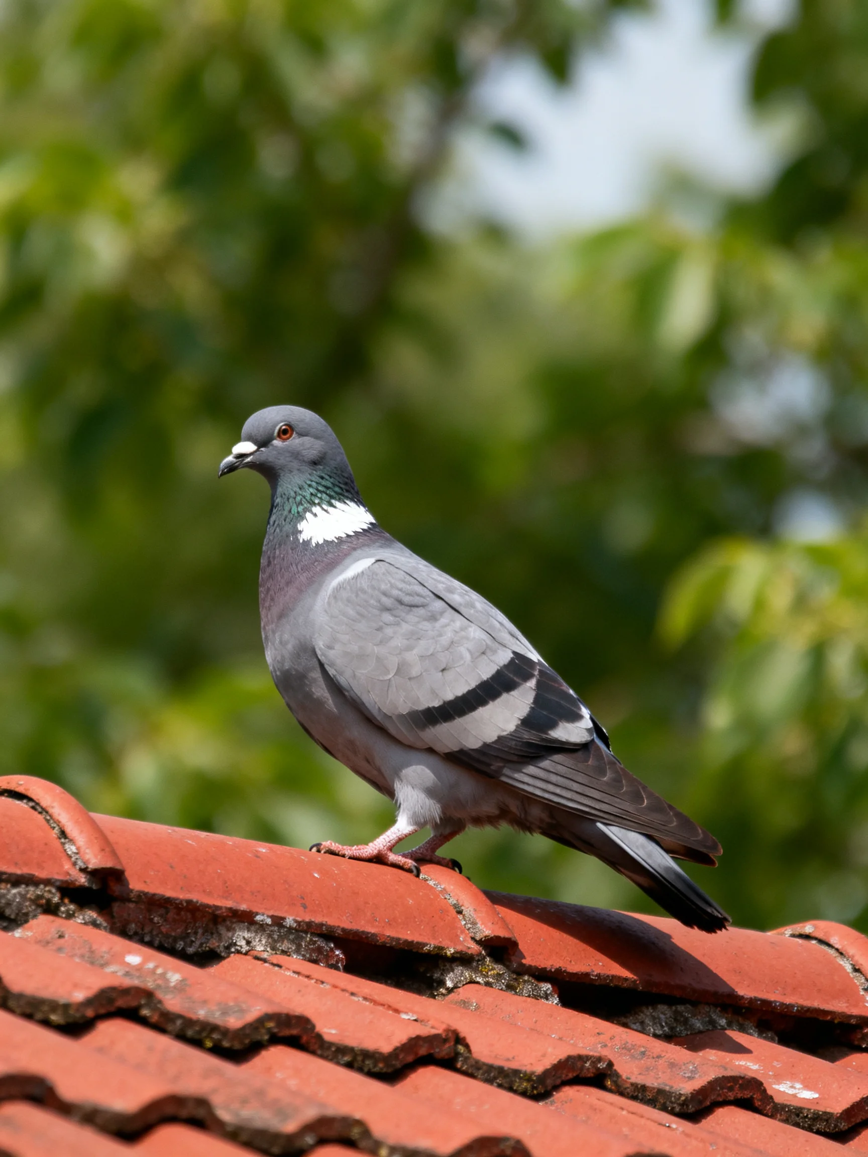 A gray pigeon with a white neck patch sits on red roof tiles near green trees