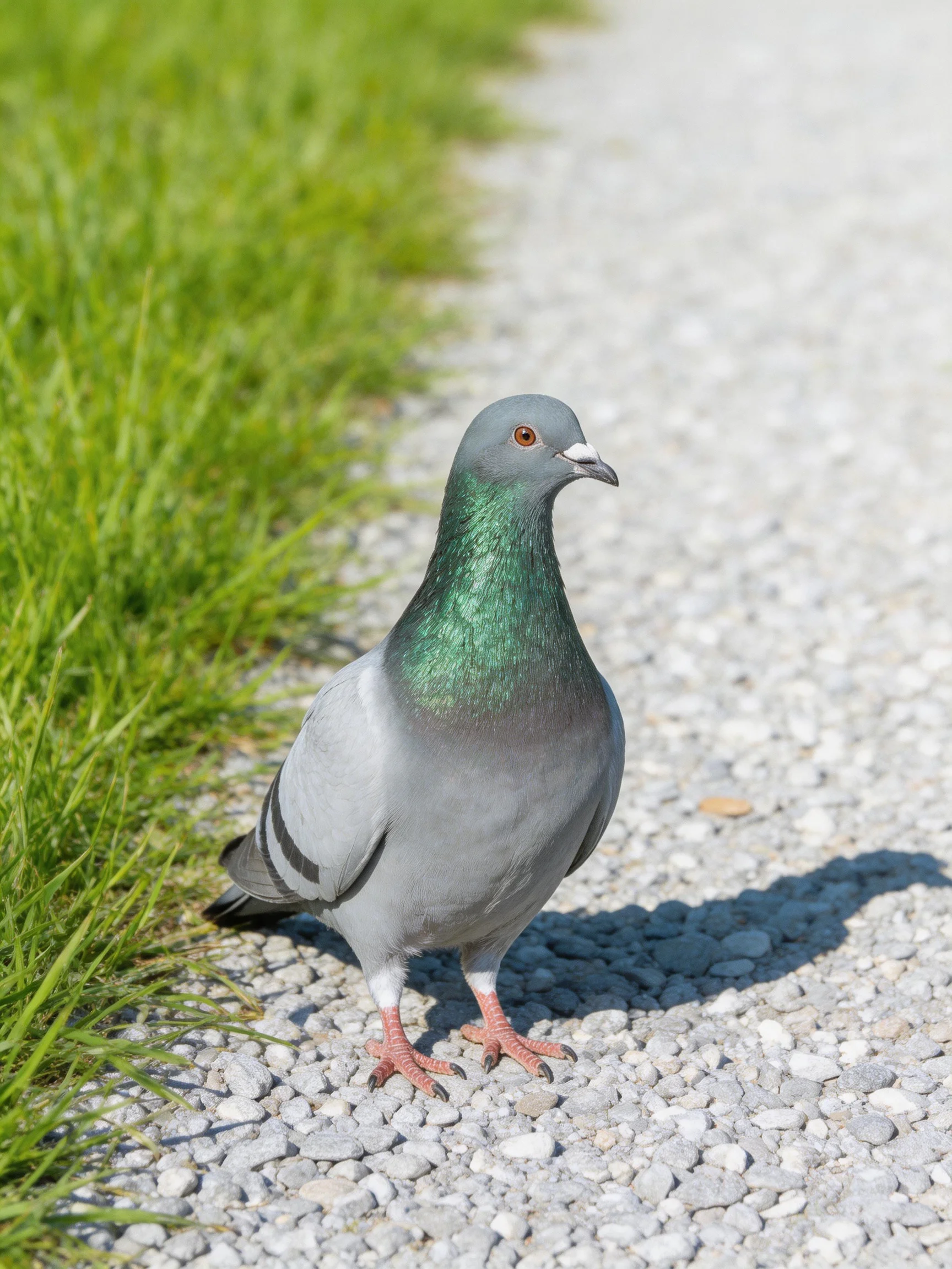 A gray pigeon with an iridescent green neck stands on a gravel path beside grass
