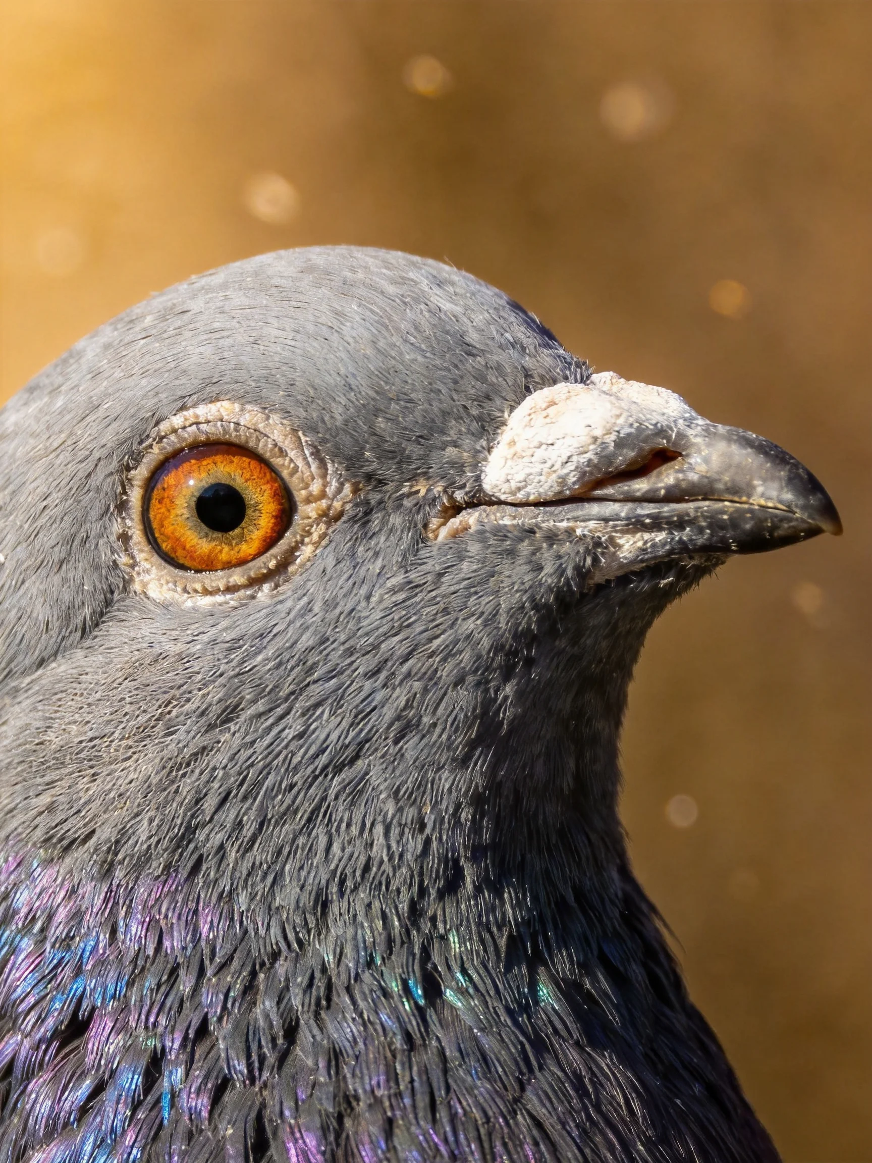 A close - up of a gray pigeon with an orange eye is shown in detail.