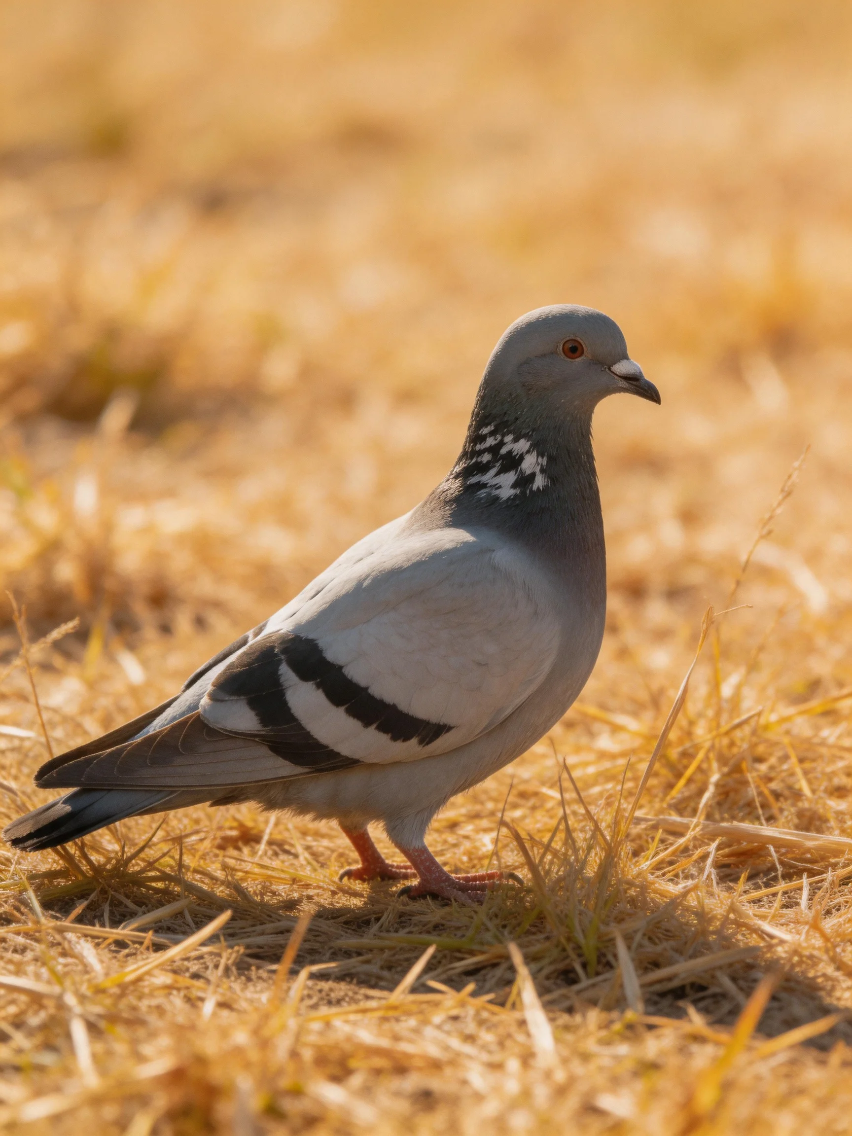 A gray pigeon with black and white markings on dry golden grass