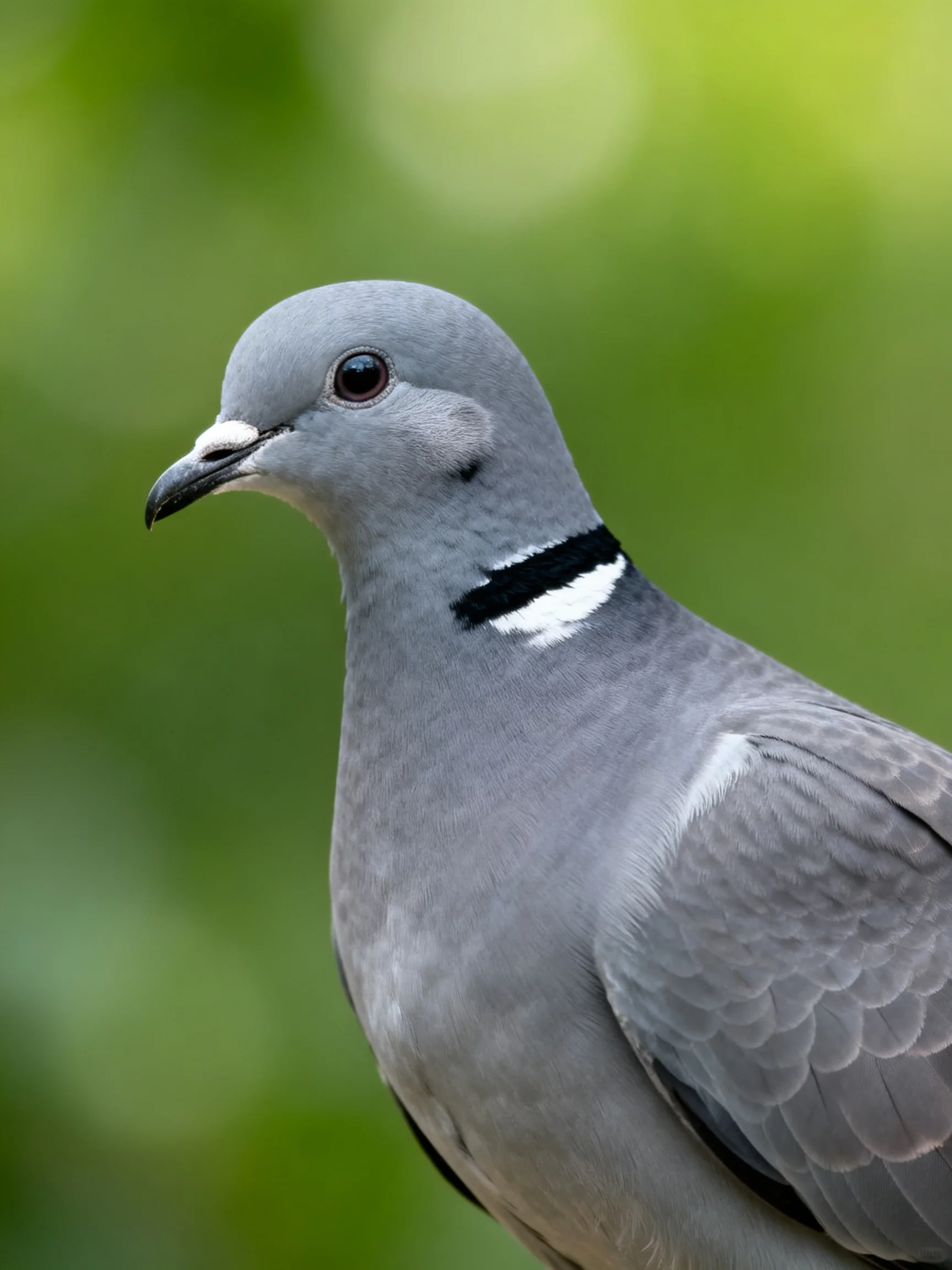 A gray pigeon with black and white neck stripes in a blurred green backdrop