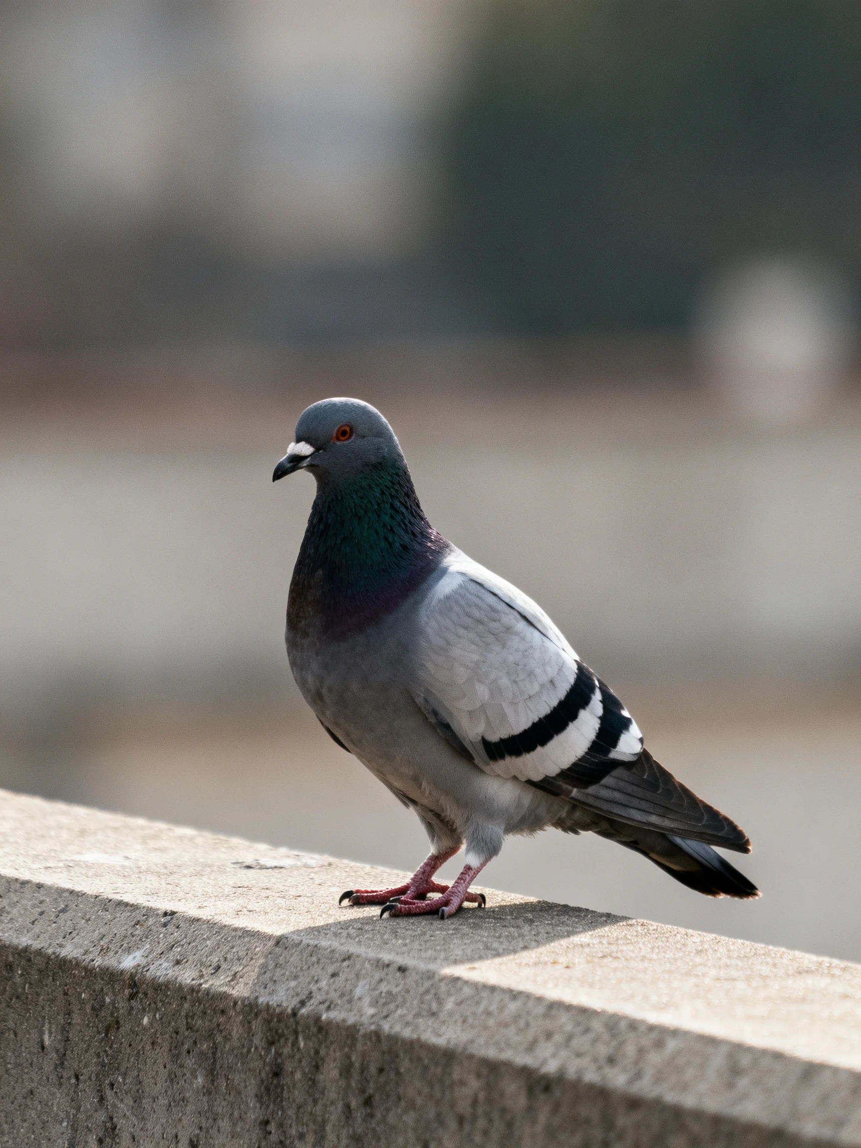 A gray pigeon with black-and-white markings rests on a concrete ledge.