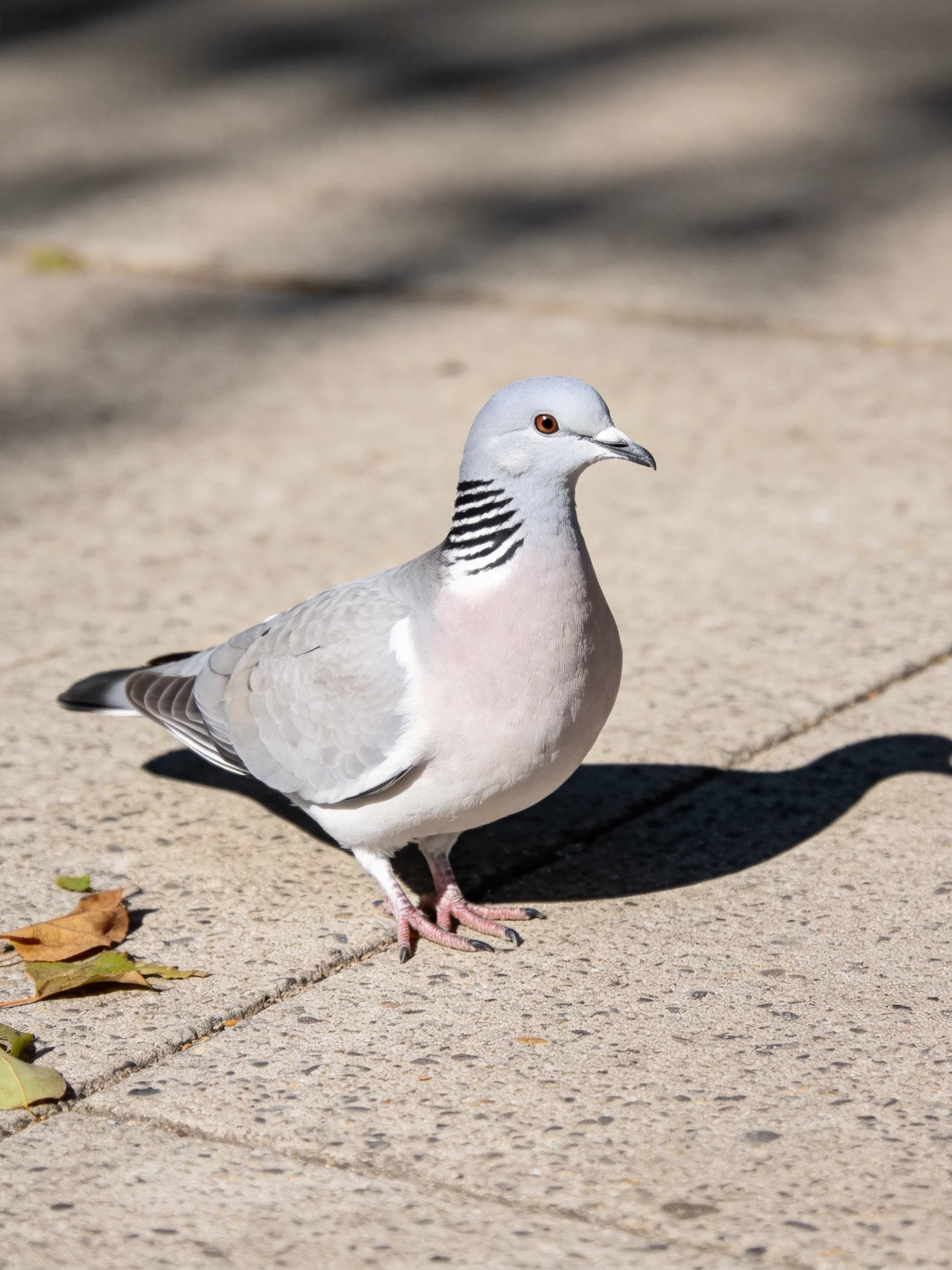 A gray pigeon with black neck stripes on a sunlit concrete pavement