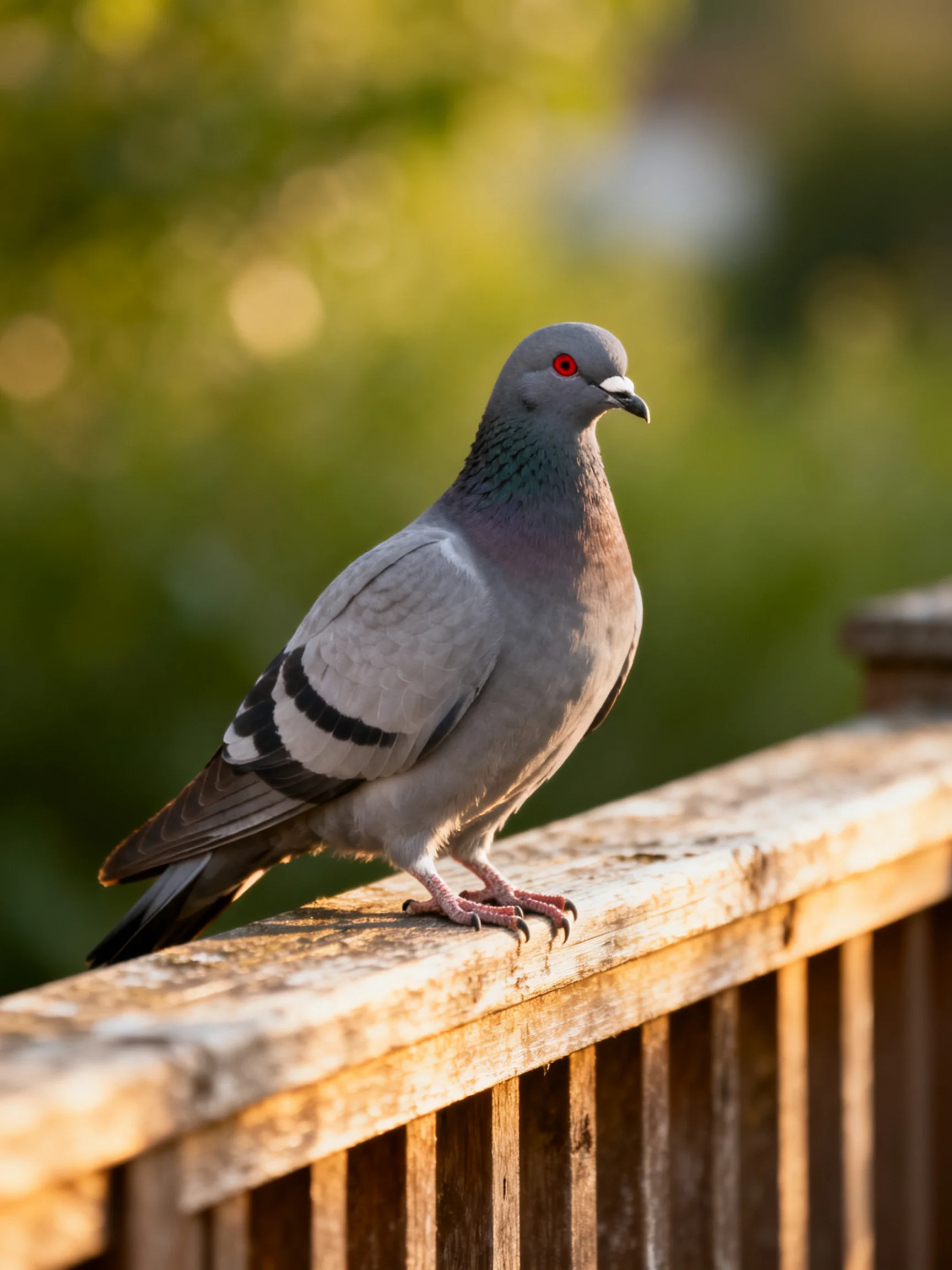 A gray pigeon with black wing bars on weathered wooden railing
