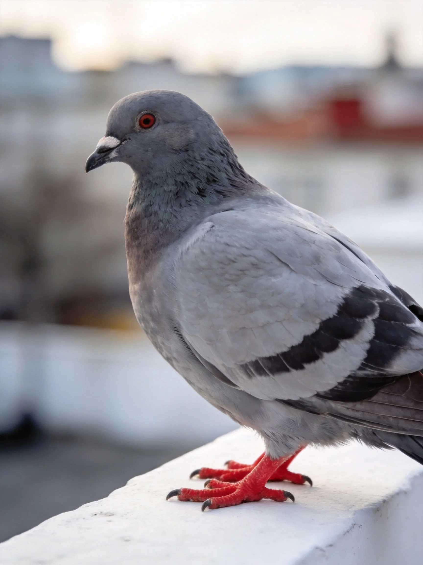 A gray pigeon with black wing markings perched on a white ledge