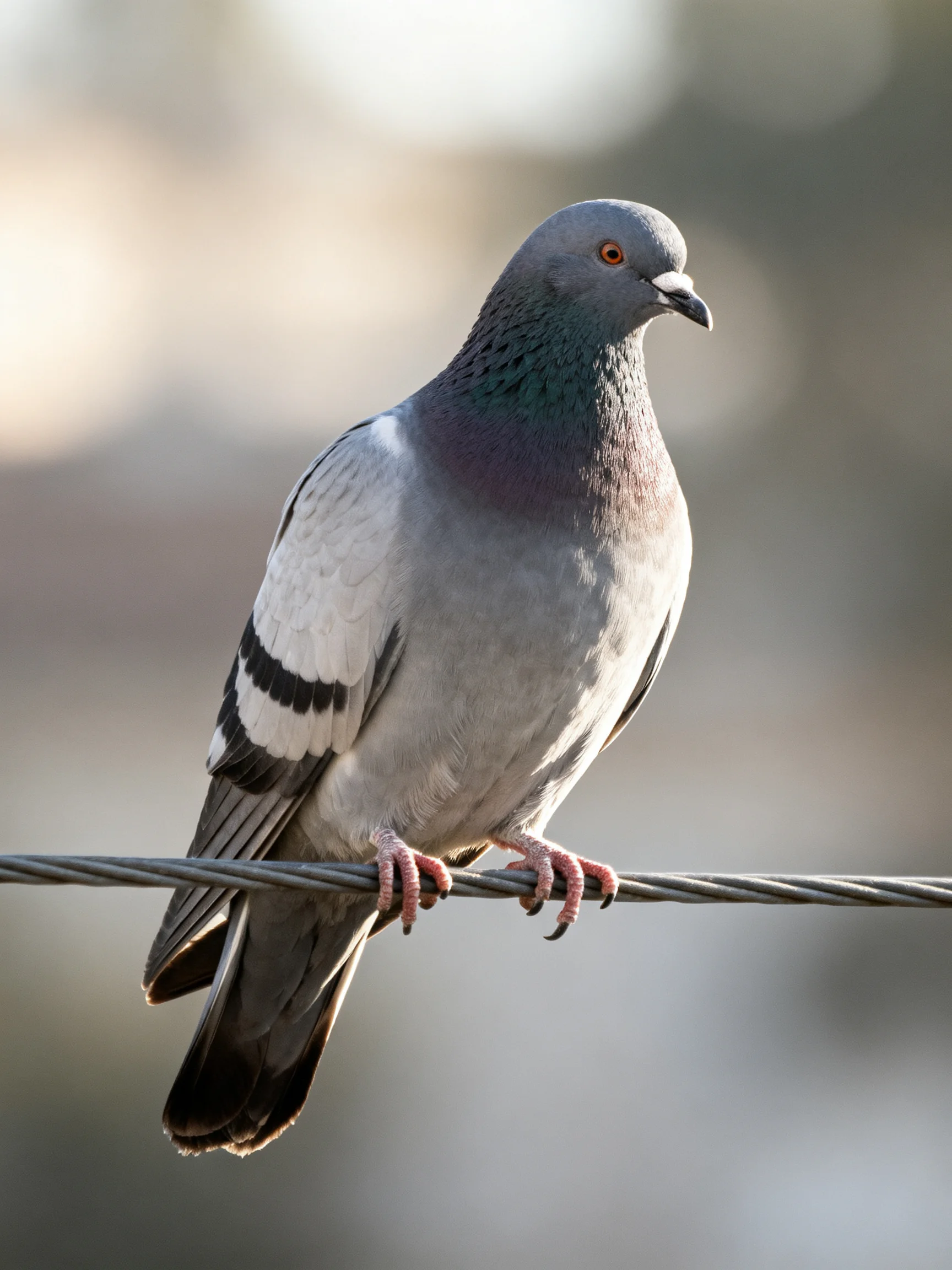 A gray pigeon with black wing markings perches on a wire