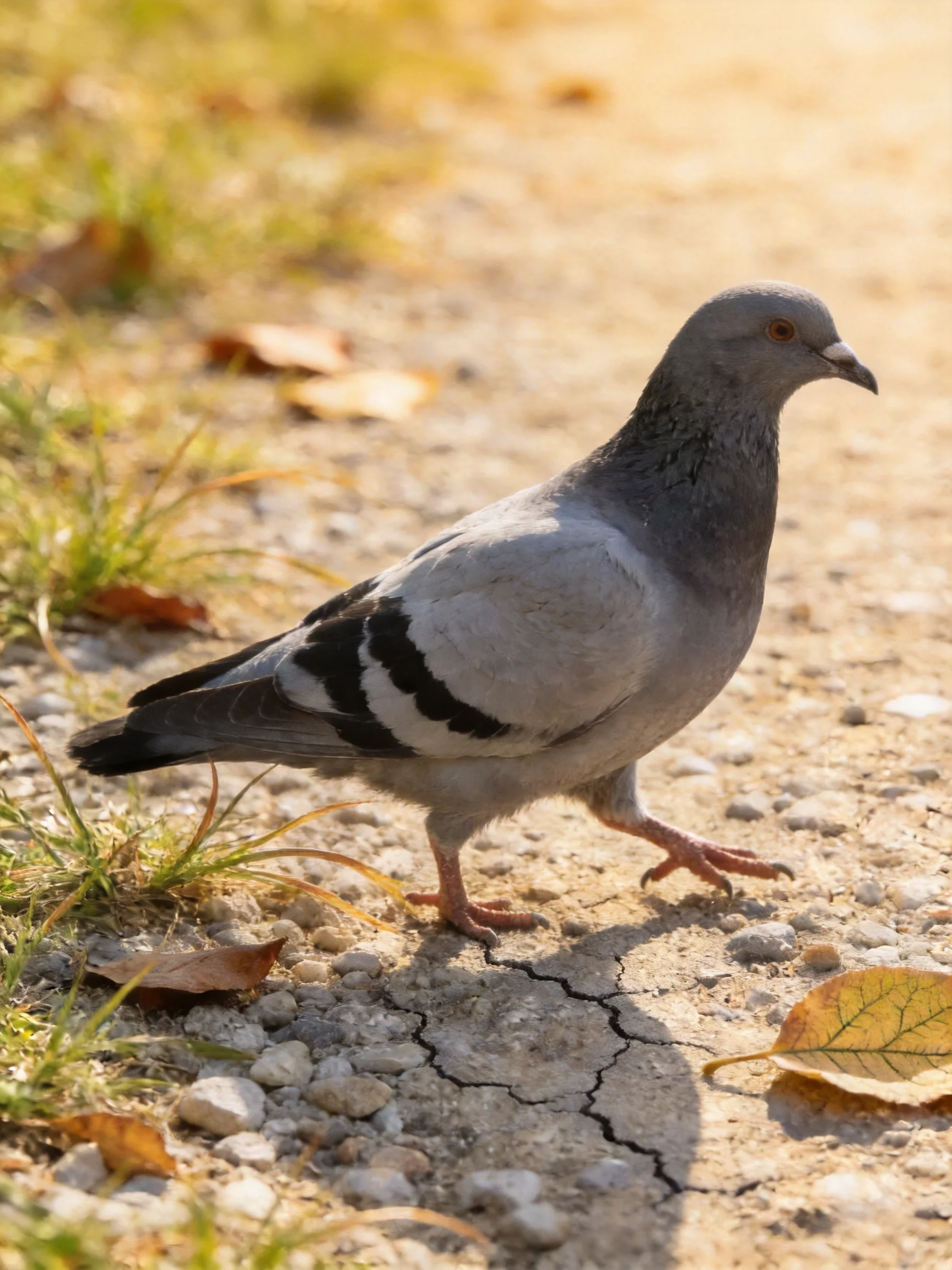 A gray pigeon with black wing markings walks on a gravel path near grass