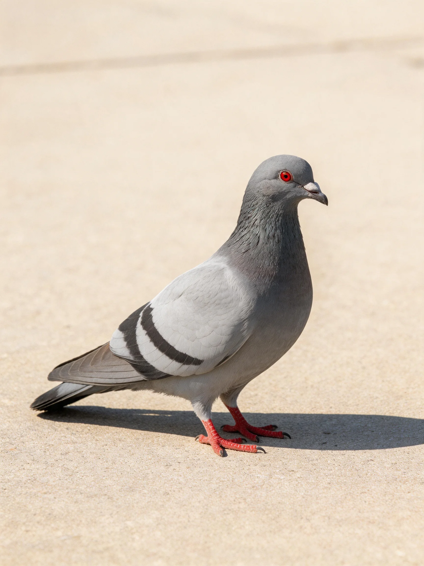 A gray pigeon with black wing stripes and red eyes on pavement