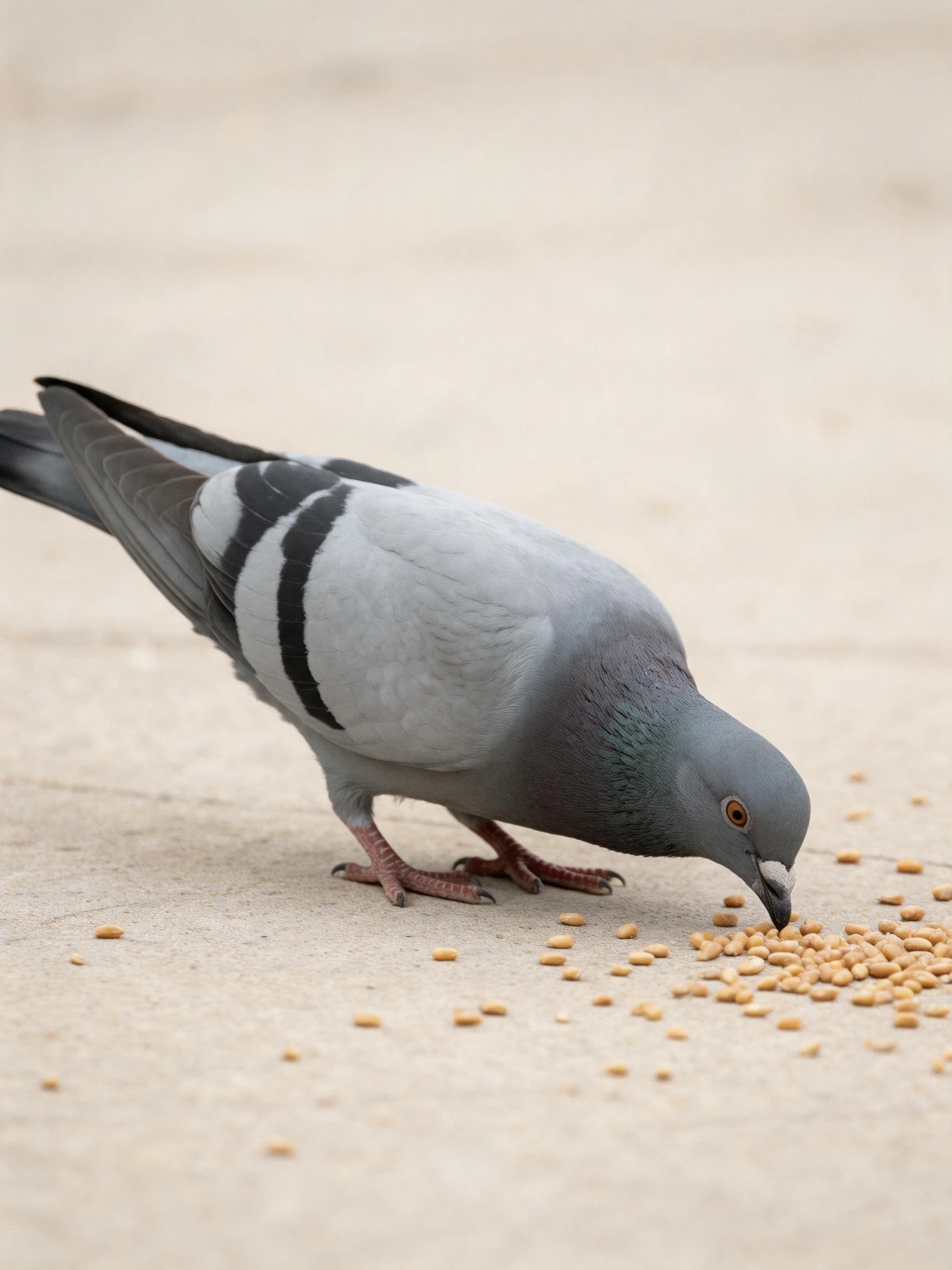 A gray pigeon with black wing stripes eats seeds on a smooth concrete surface