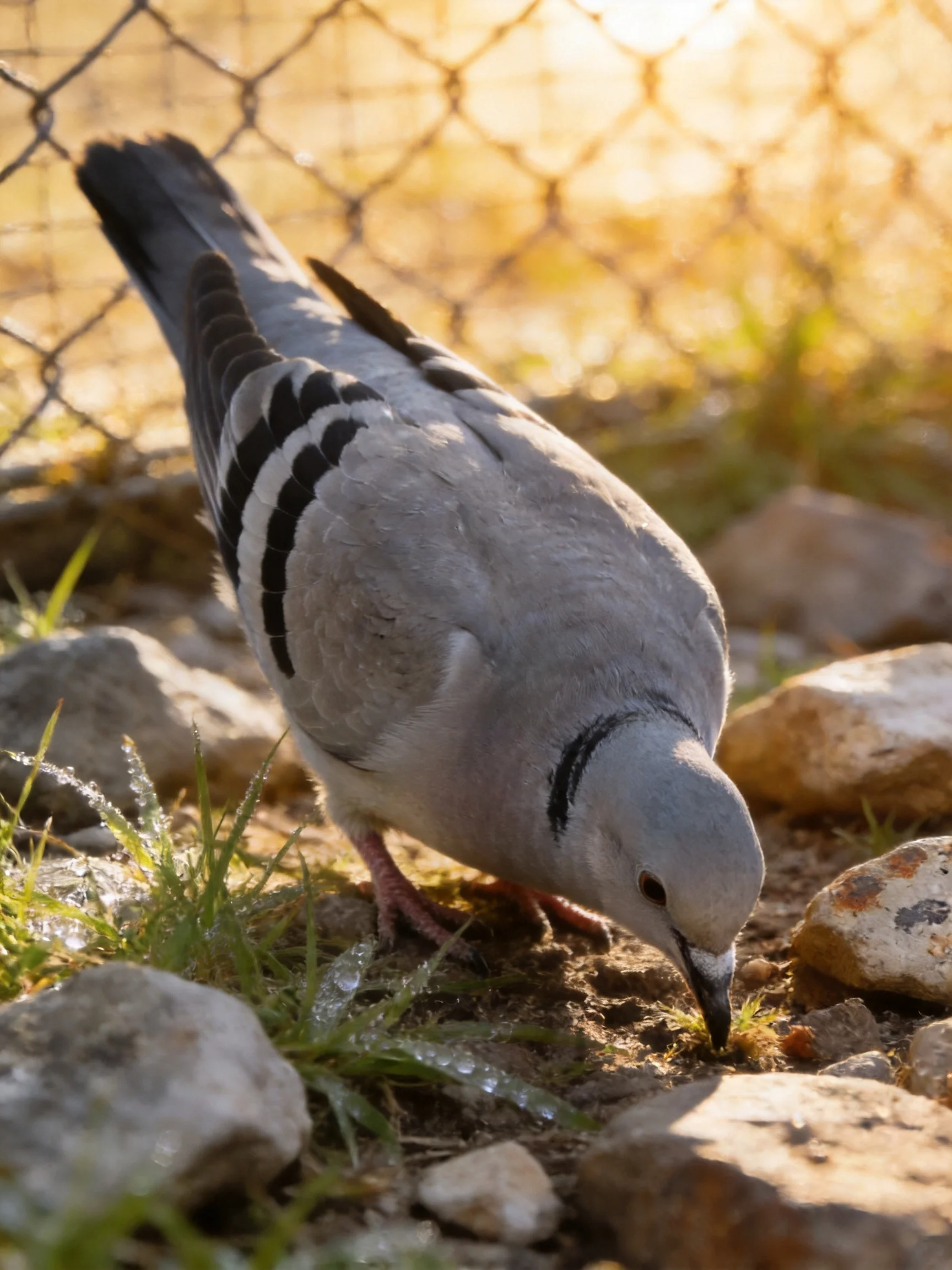 A gray pigeon with black wing stripes forages near rocks and a wire fence