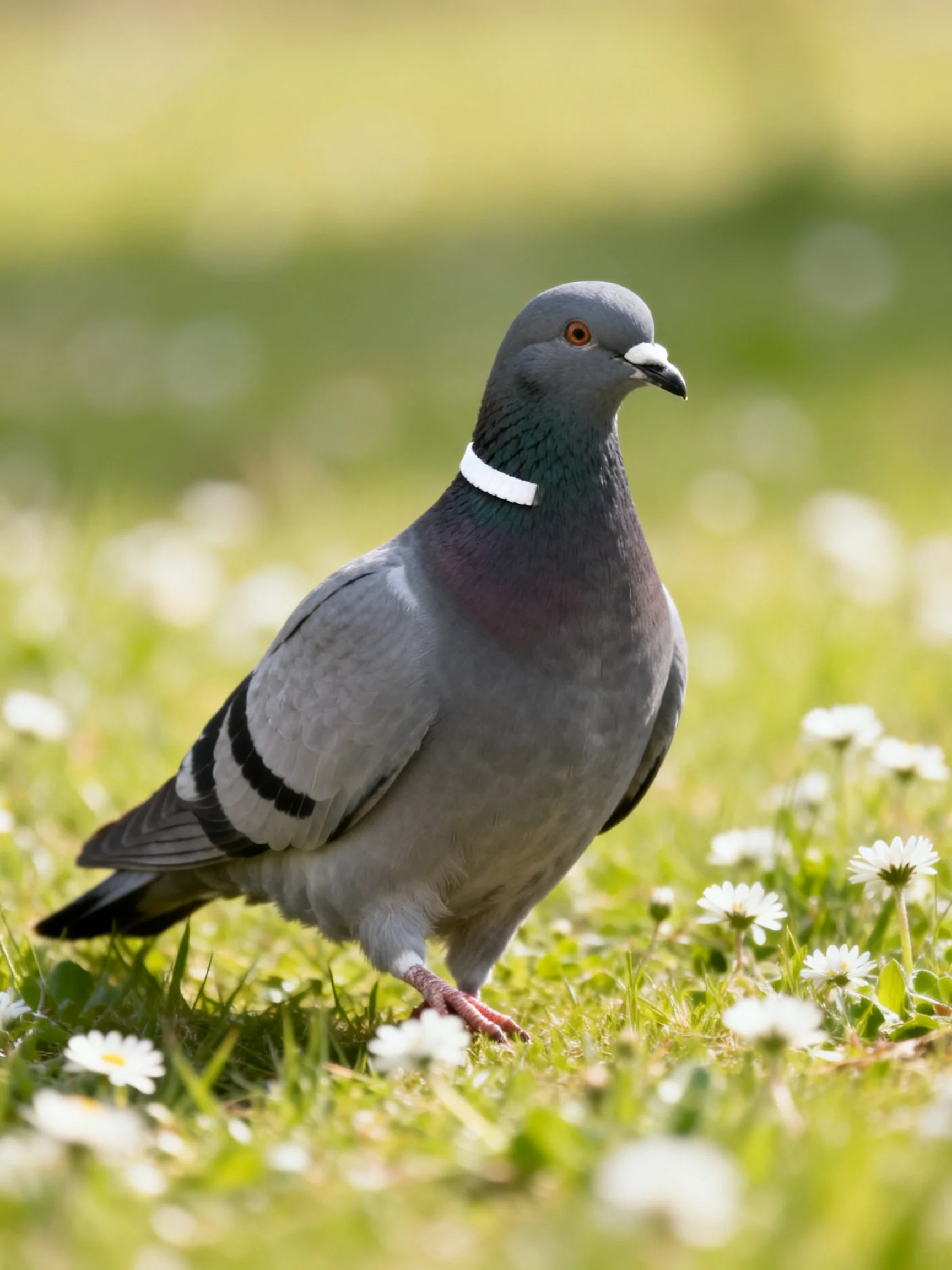 A gray pigeon with black wing stripes on a flowered grassy field