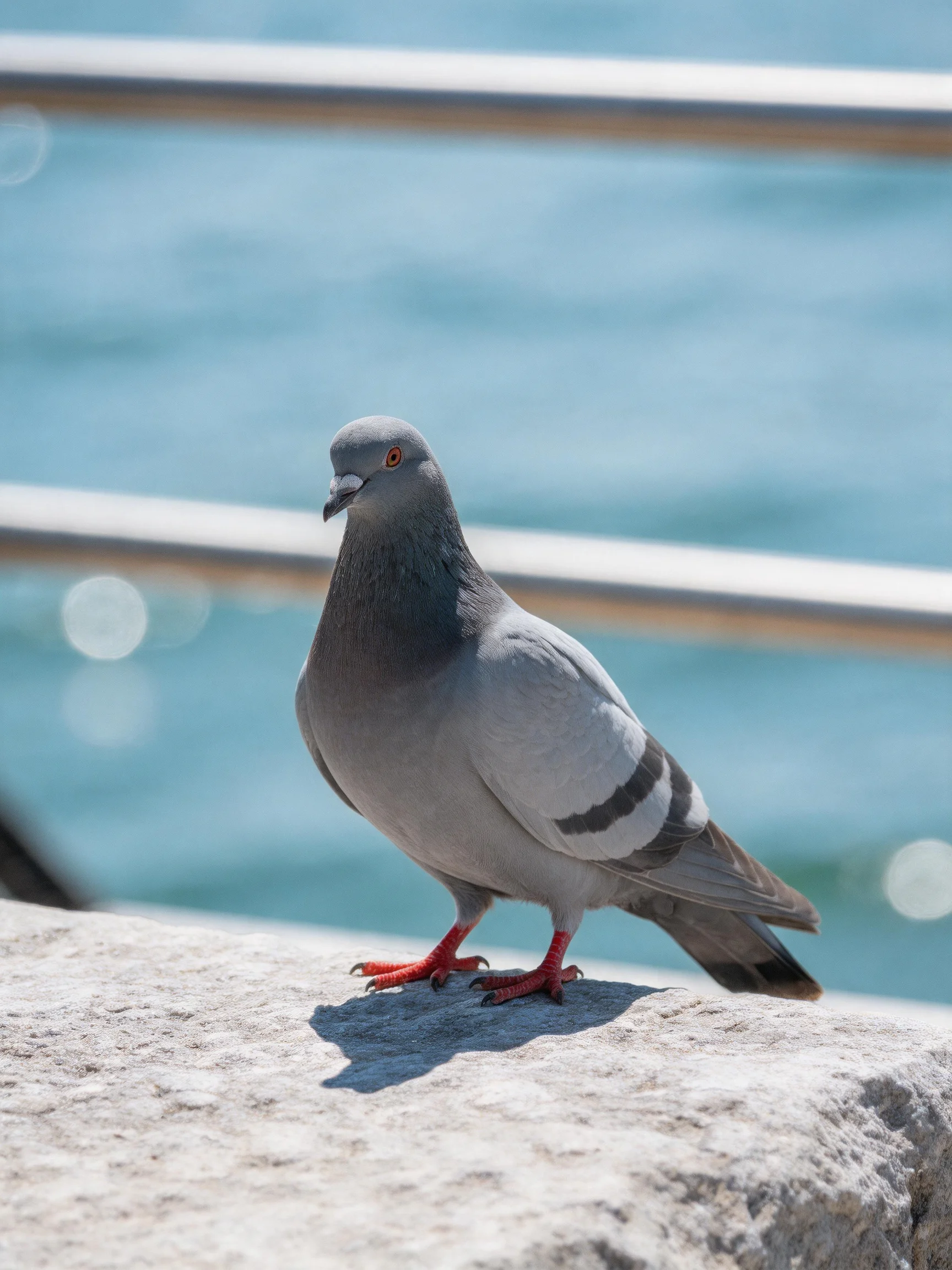 A gray pigeon with black wing stripes on a stone ledge by blue water