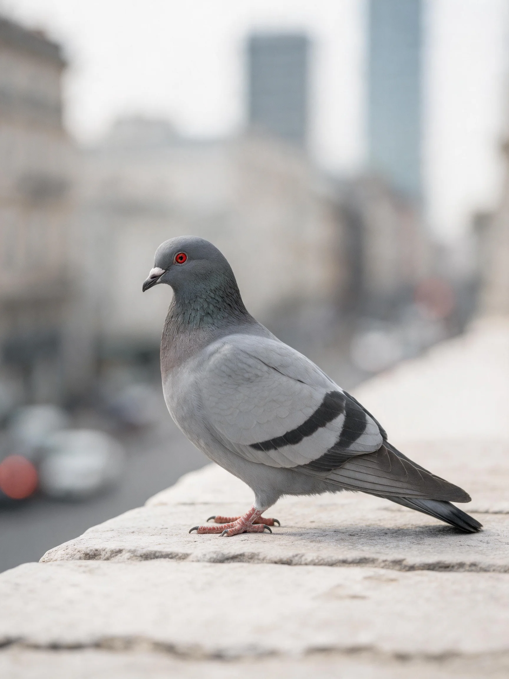 A gray pigeon with black wing stripes perched on a stone ledge