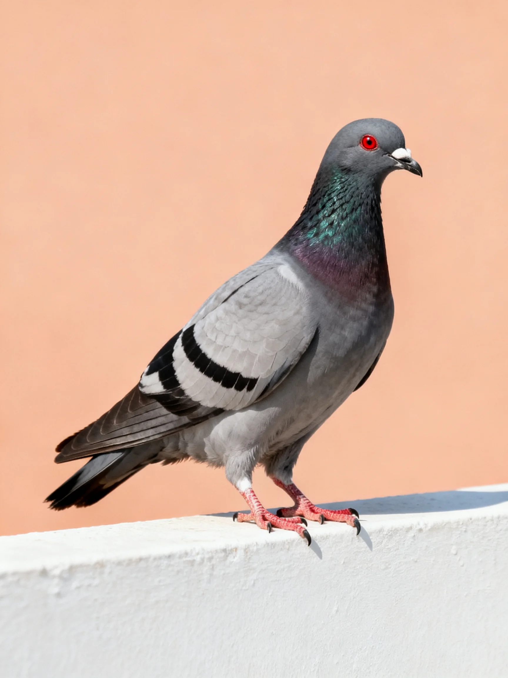 A gray pigeon with black wing stripes perched on a white ledge