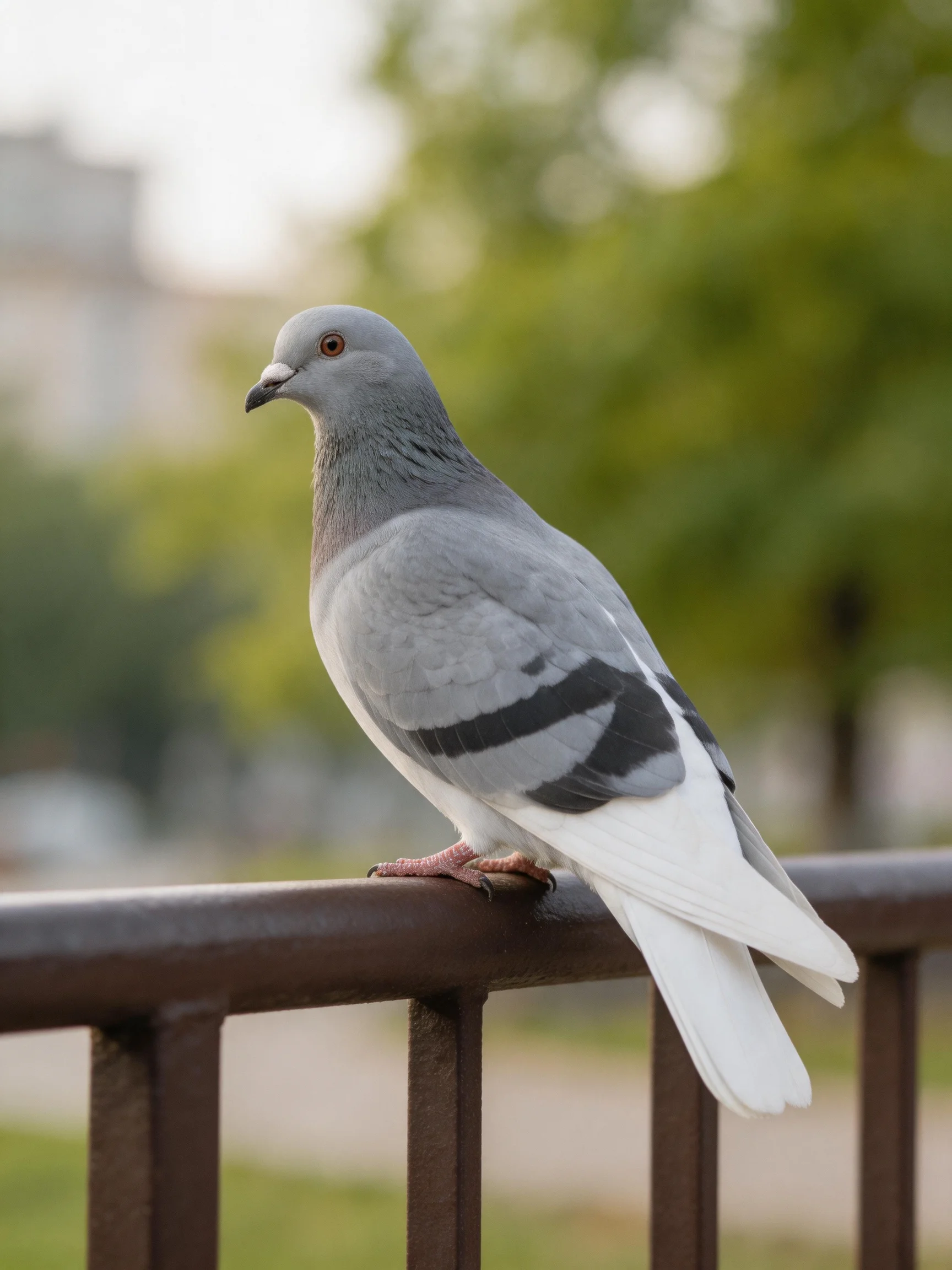 A gray pigeon with black wing stripes perches on a brown metal railing