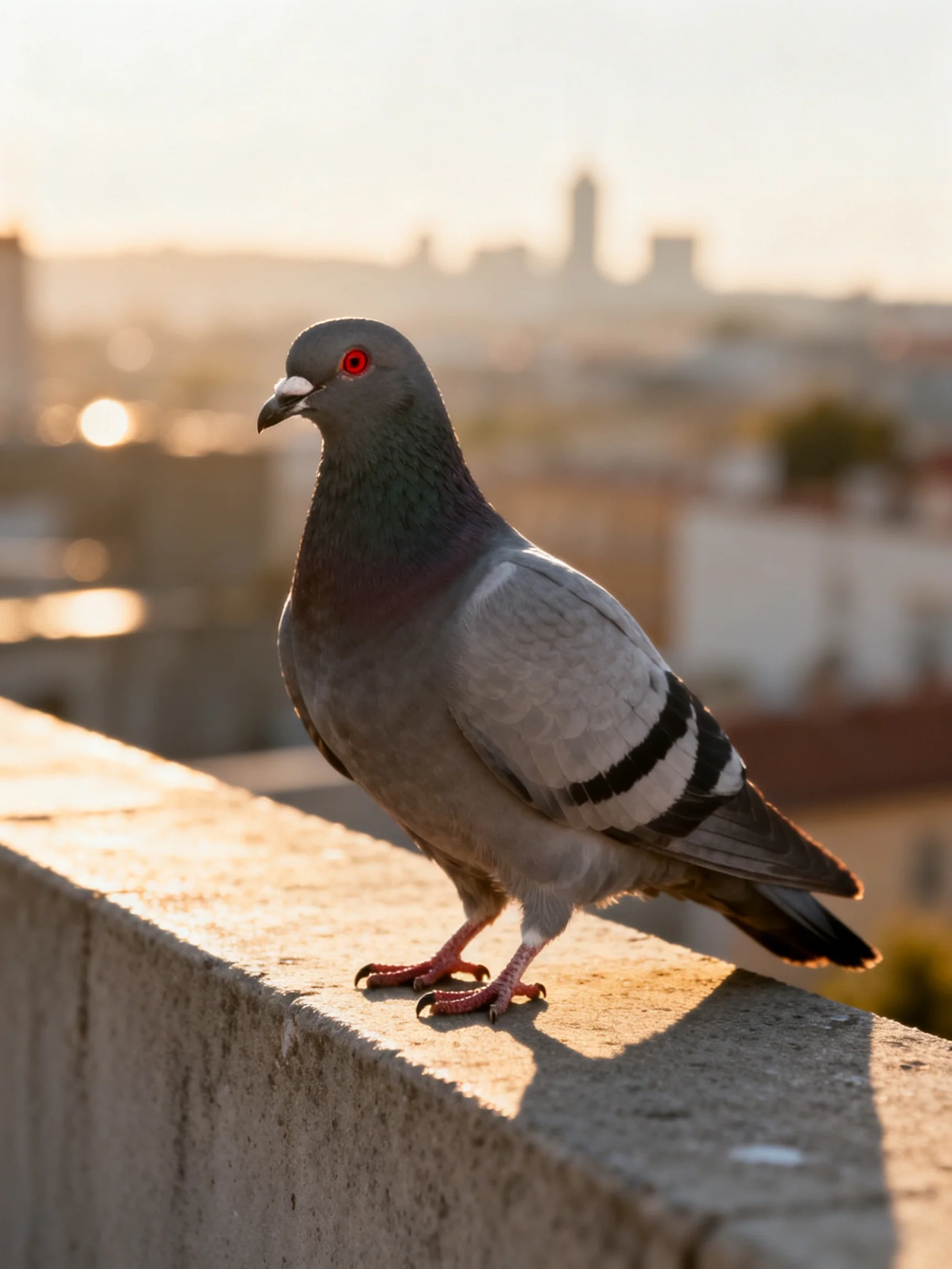 A gray pigeon with black wing stripes perches on a concrete ledge at sunset