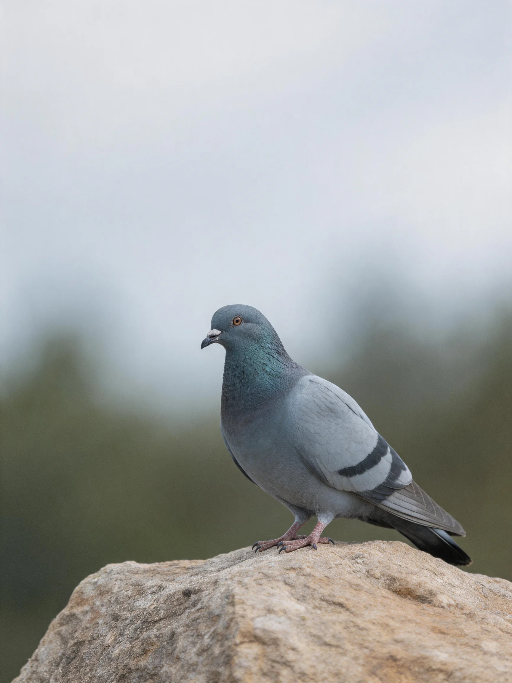 A gray pigeon with black wing stripes perches on a large rock