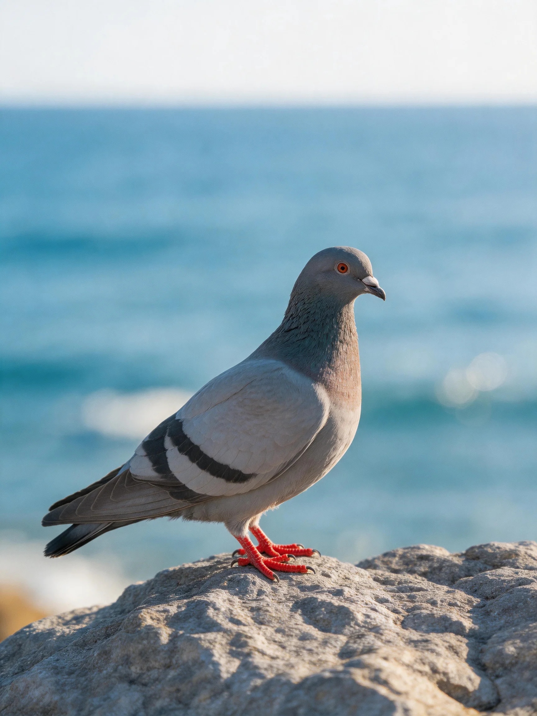 A gray pigeon with black wing stripes perches on a rocky outcrop by the sea