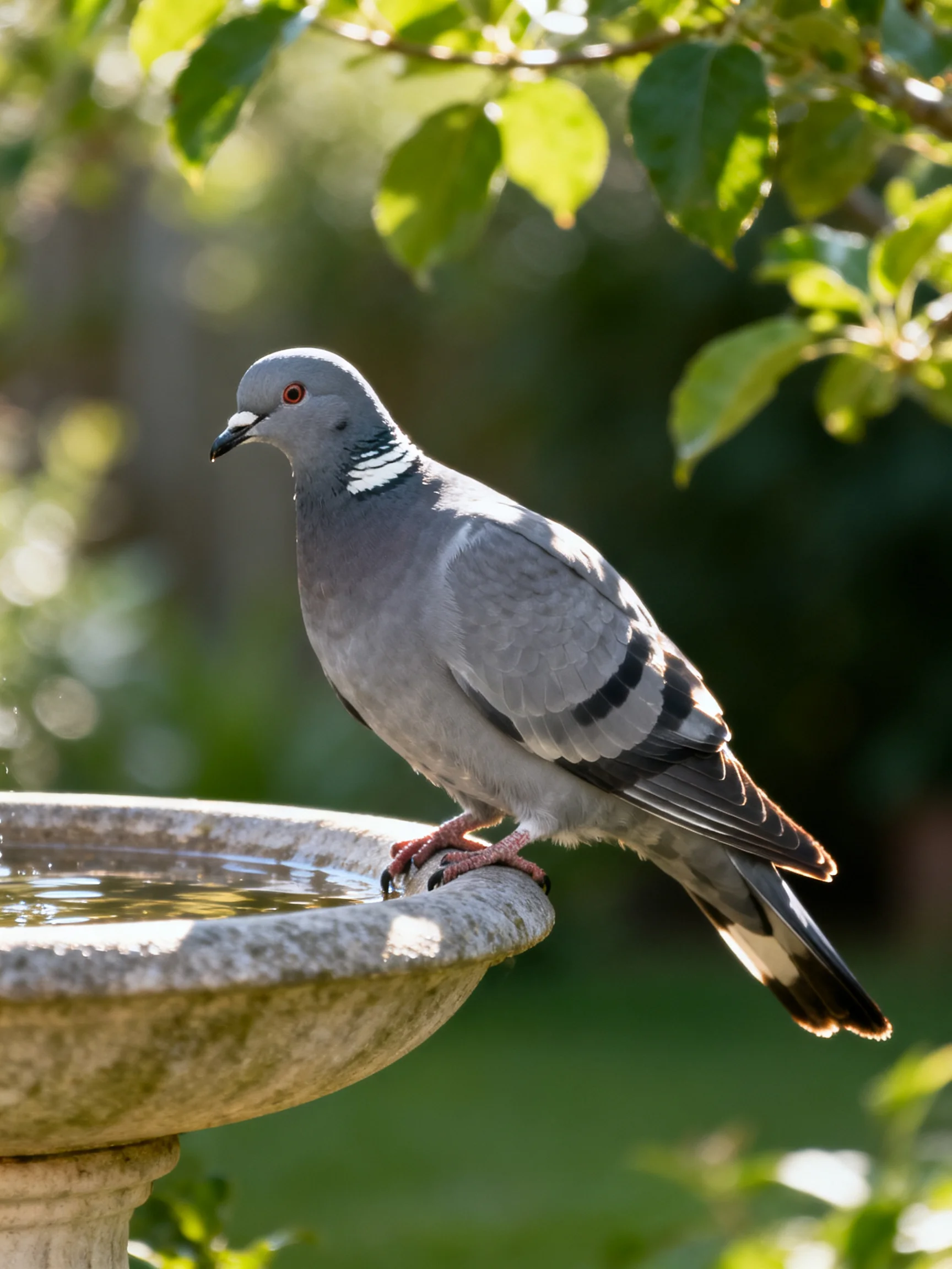 A gray pigeon with black wing stripes perches on a weathered stone bird bath near green foliage