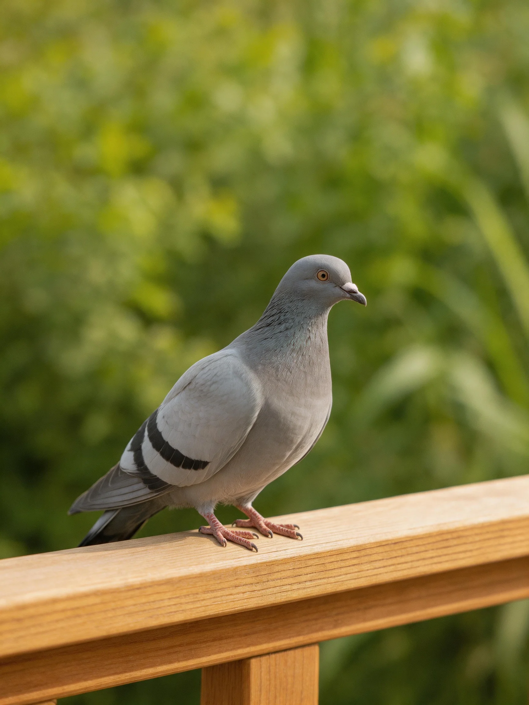 A gray pigeon with black wing stripes perches on a wooden railing