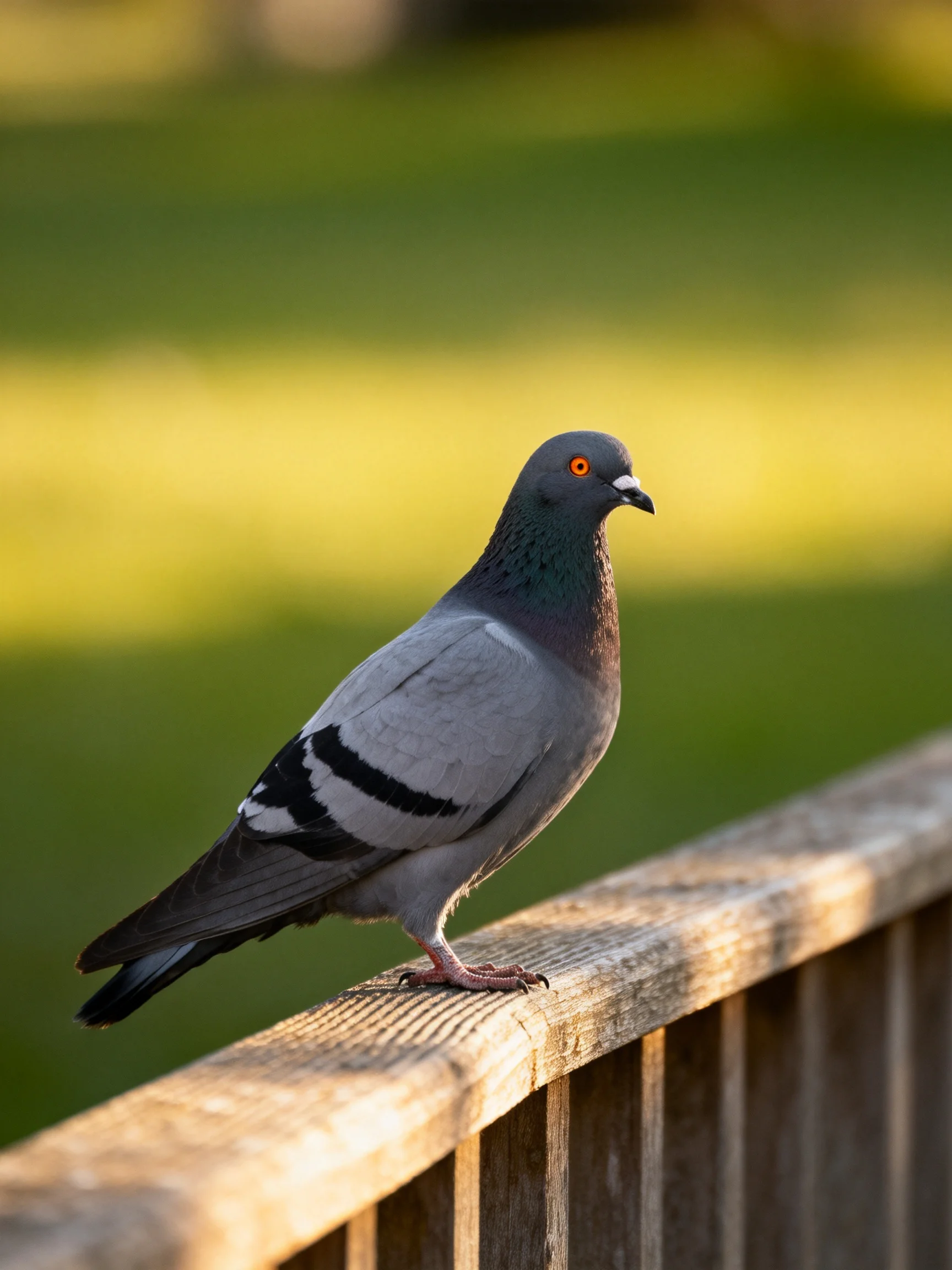 A gray pigeon with black wing stripes perches on a wooden railing