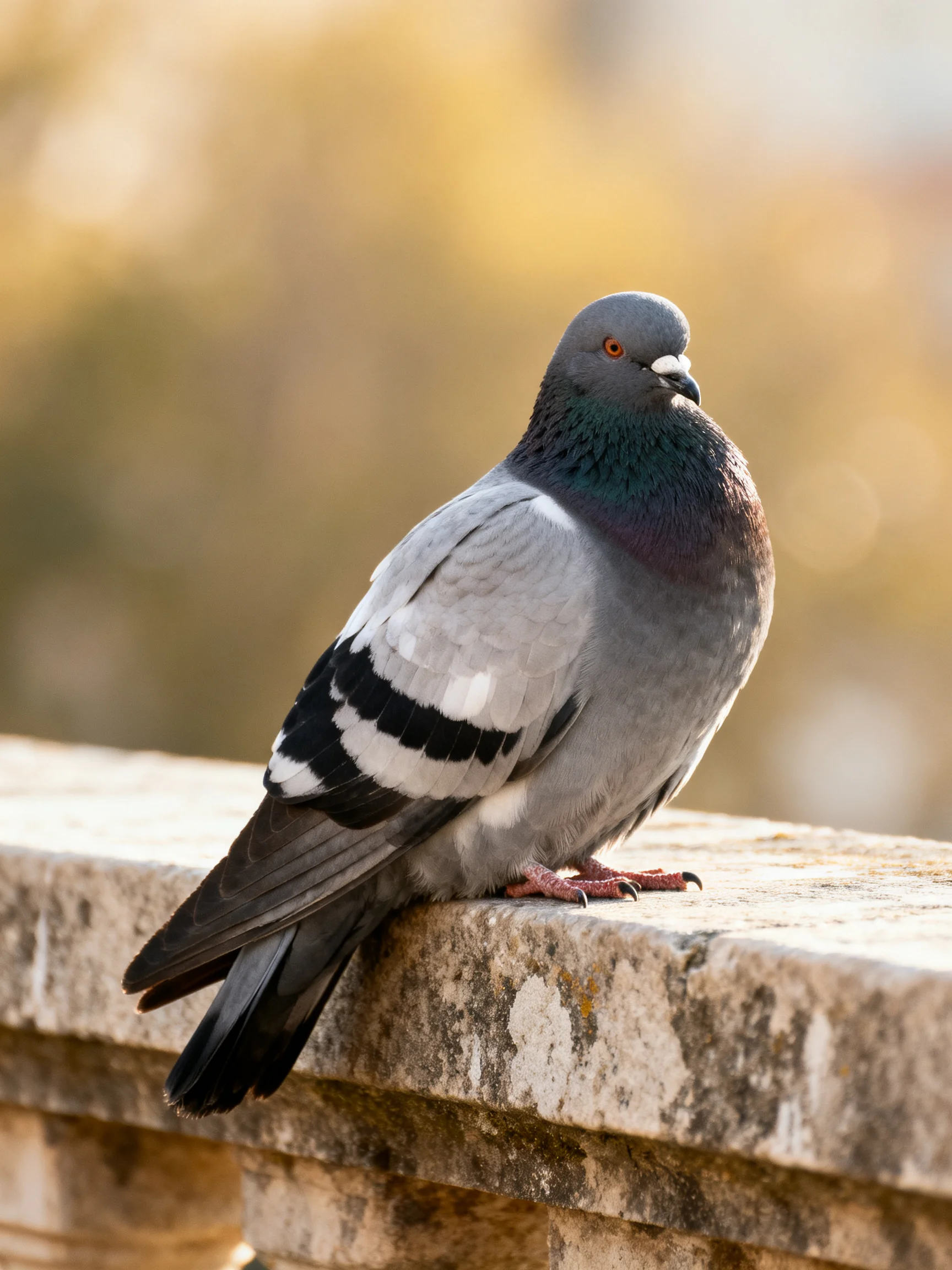 A gray pigeon with black wing stripes perches on an aged stone ledge