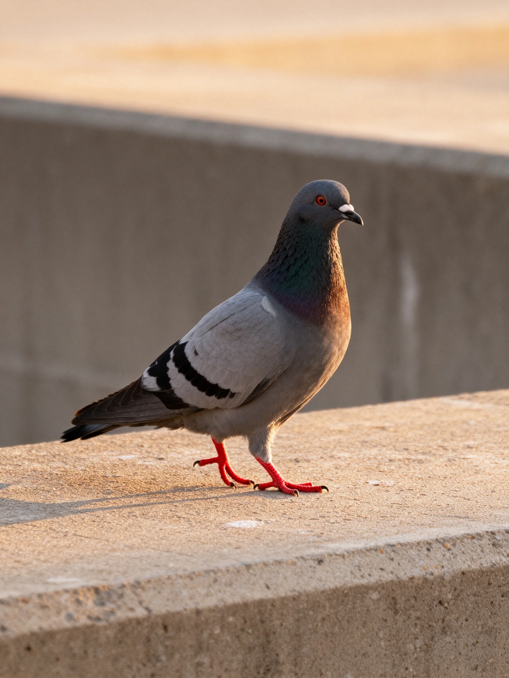 A gray pigeon with black wing stripes stands on a concrete ledge