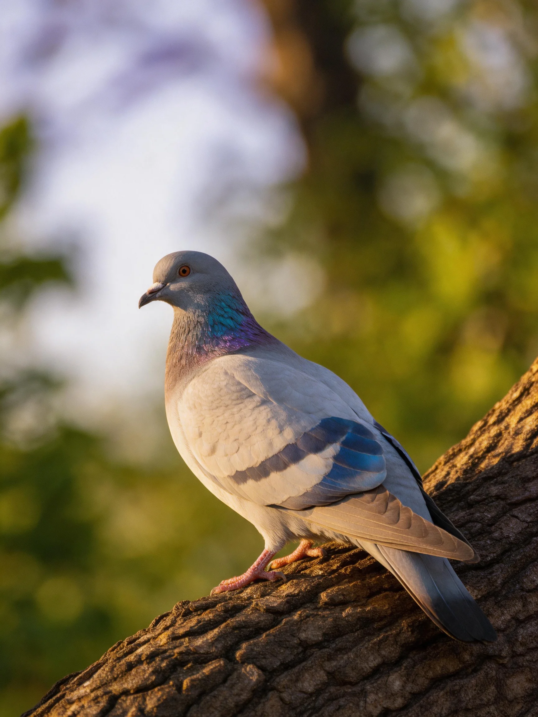 A gray pigeon with blue-purple neck perched on a textured tree trunk